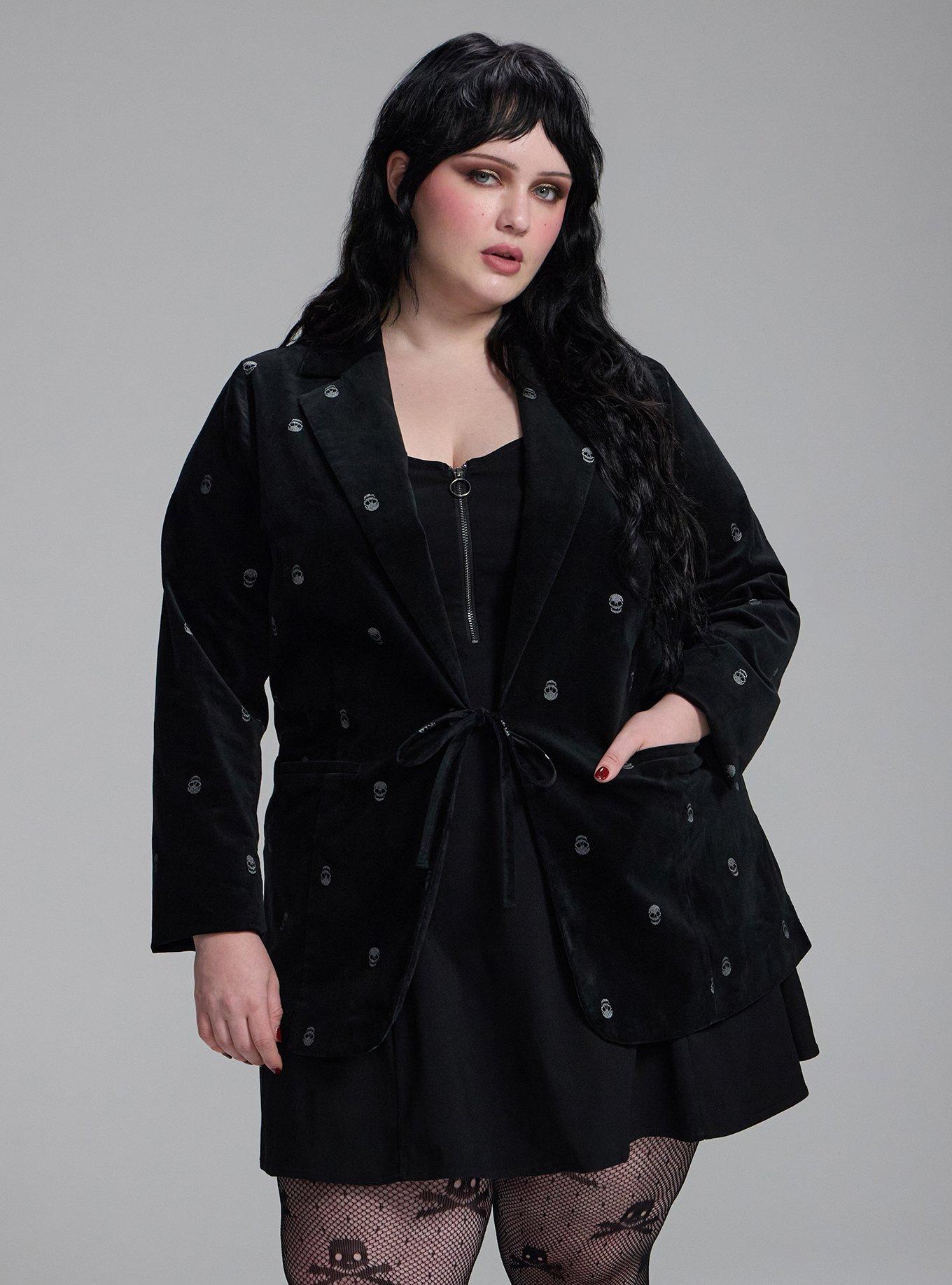 Plus Size Nightfall Embroidered Velour Blazer, MINI SKULLS DEEP BLACK, hi-res