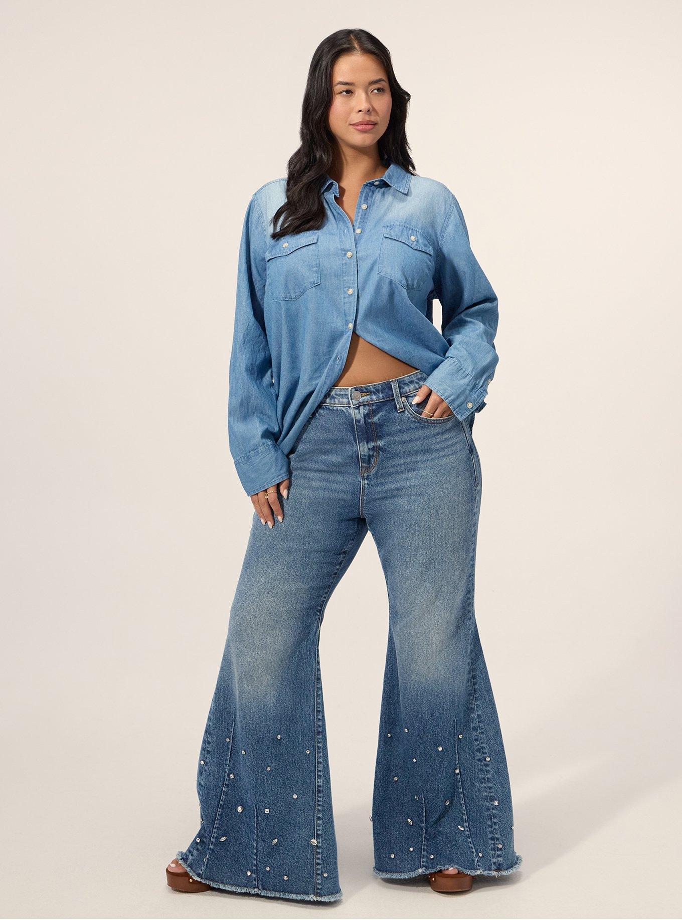 Plus Size Festi Sky High Super Flare Rhinestone Jean, BLUE LAGOON, hi-res