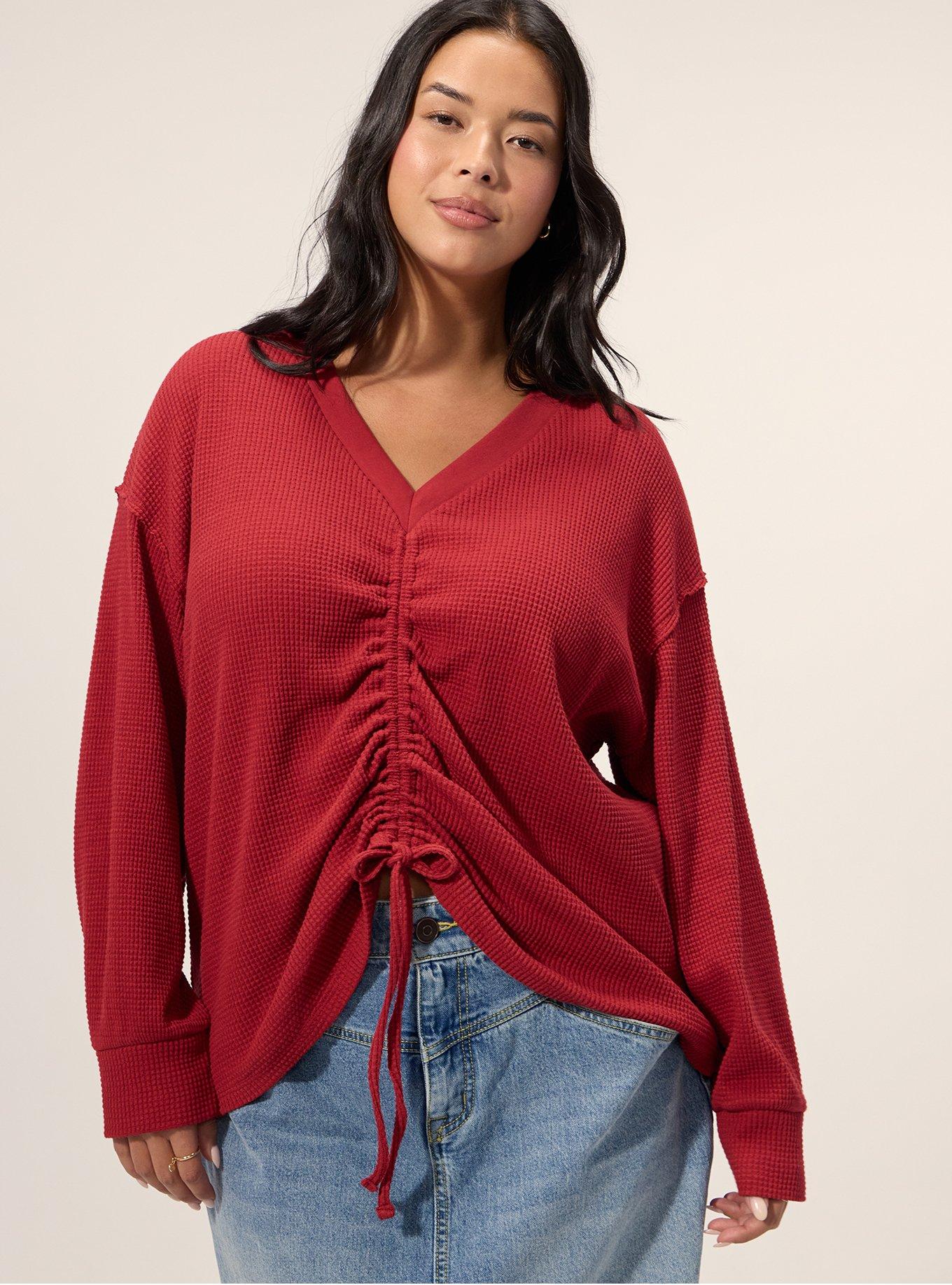Plus Size Festi Reversible Ruched Waffle Crop Top, KARANDA RED, alternate