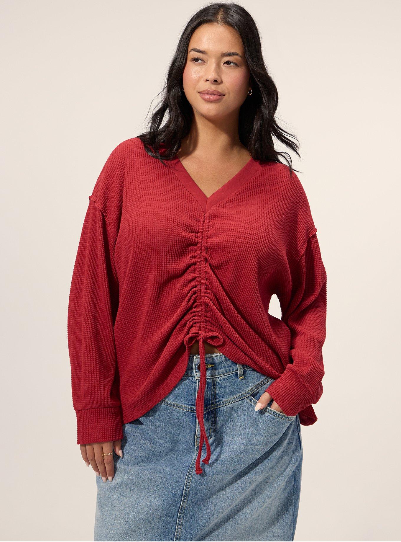 Plus Size Festi Reversible Ruched Waffle Crop Top, KARANDA RED, hi-res