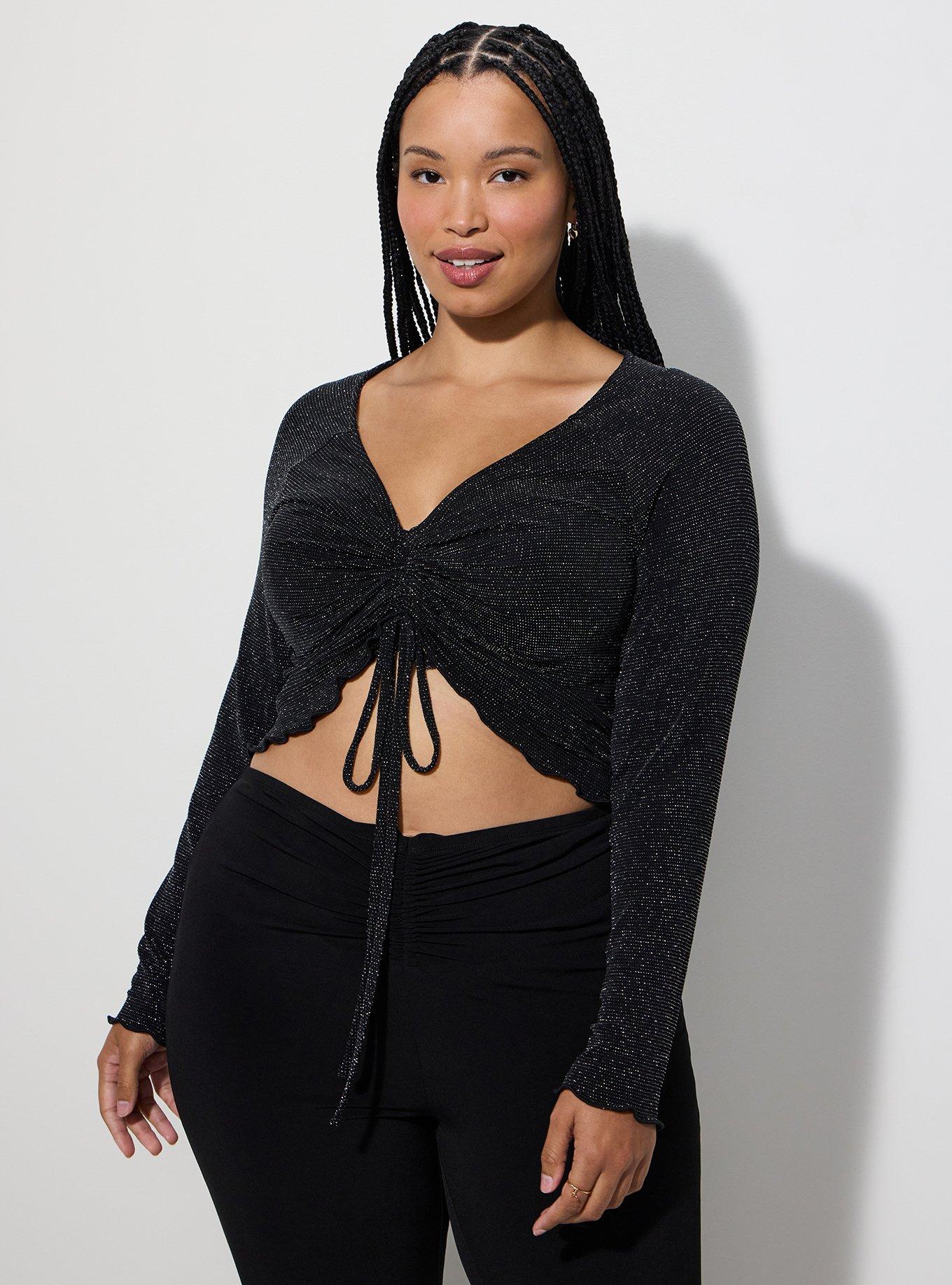 Lovesick Cinch Front Sparkle Knit Top, DEEP BLACK, hi-res