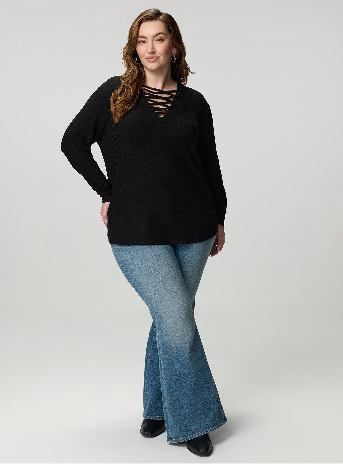 Plus Size Waffle Lace Up V-Neck Sweatshirt, DEEP BLACK, alternate