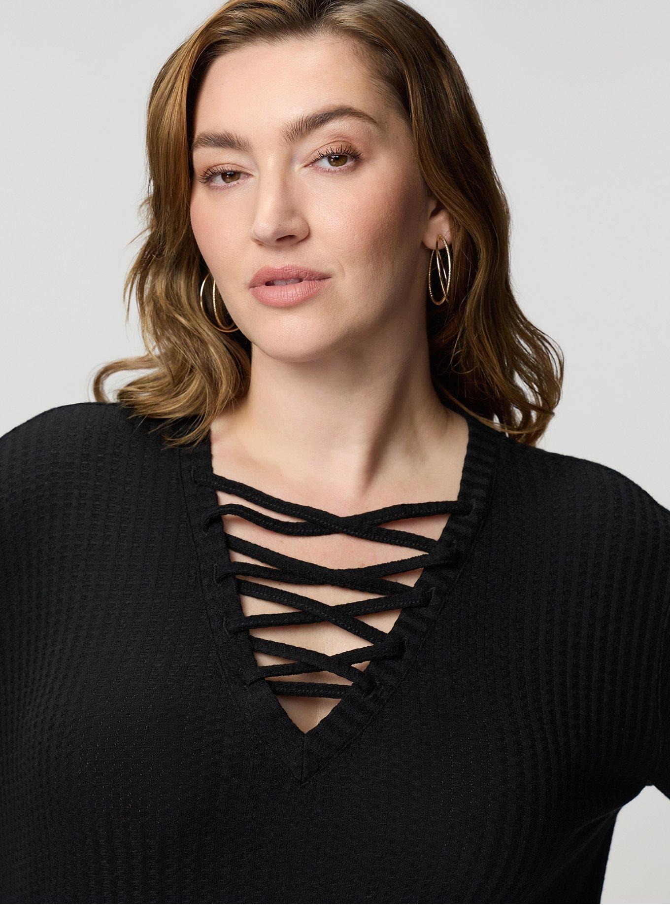 Plus Size Waffle Lace Up V-Neck Sweatshirt, DEEP BLACK, alternate