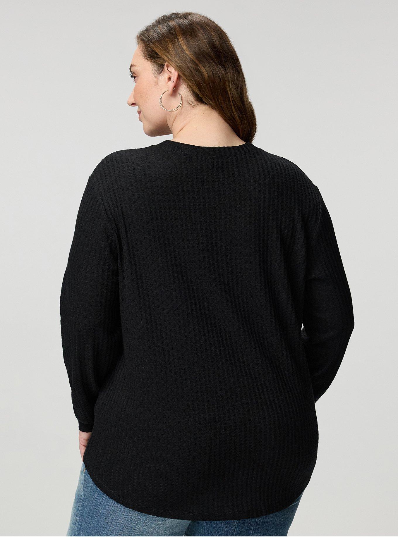 Plus Size Waffle Lace Up V-Neck Sweatshirt, DEEP BLACK, alternate