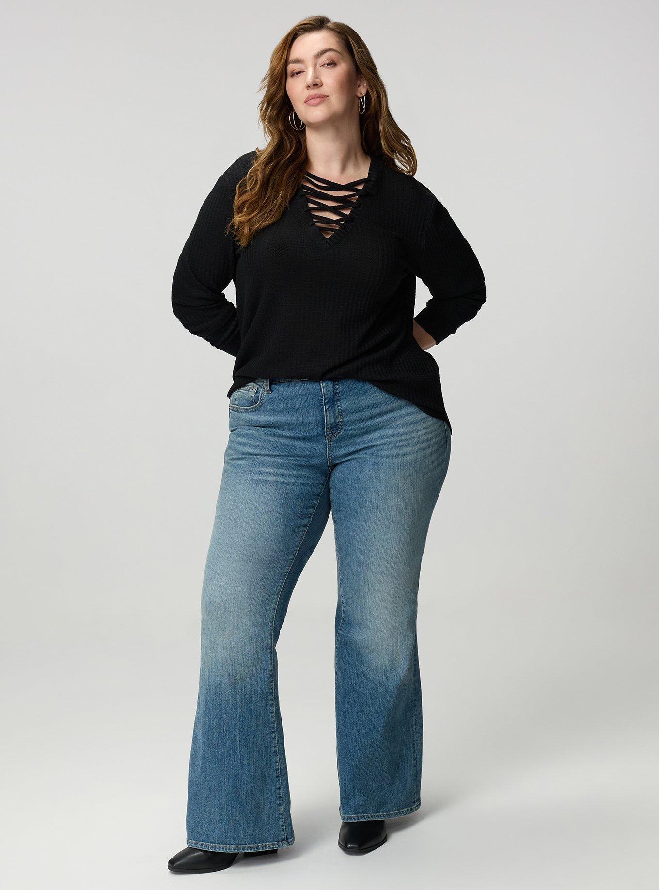 Plus Size Waffle Lace Up V-Neck Sweatshirt, DEEP BLACK, alternate