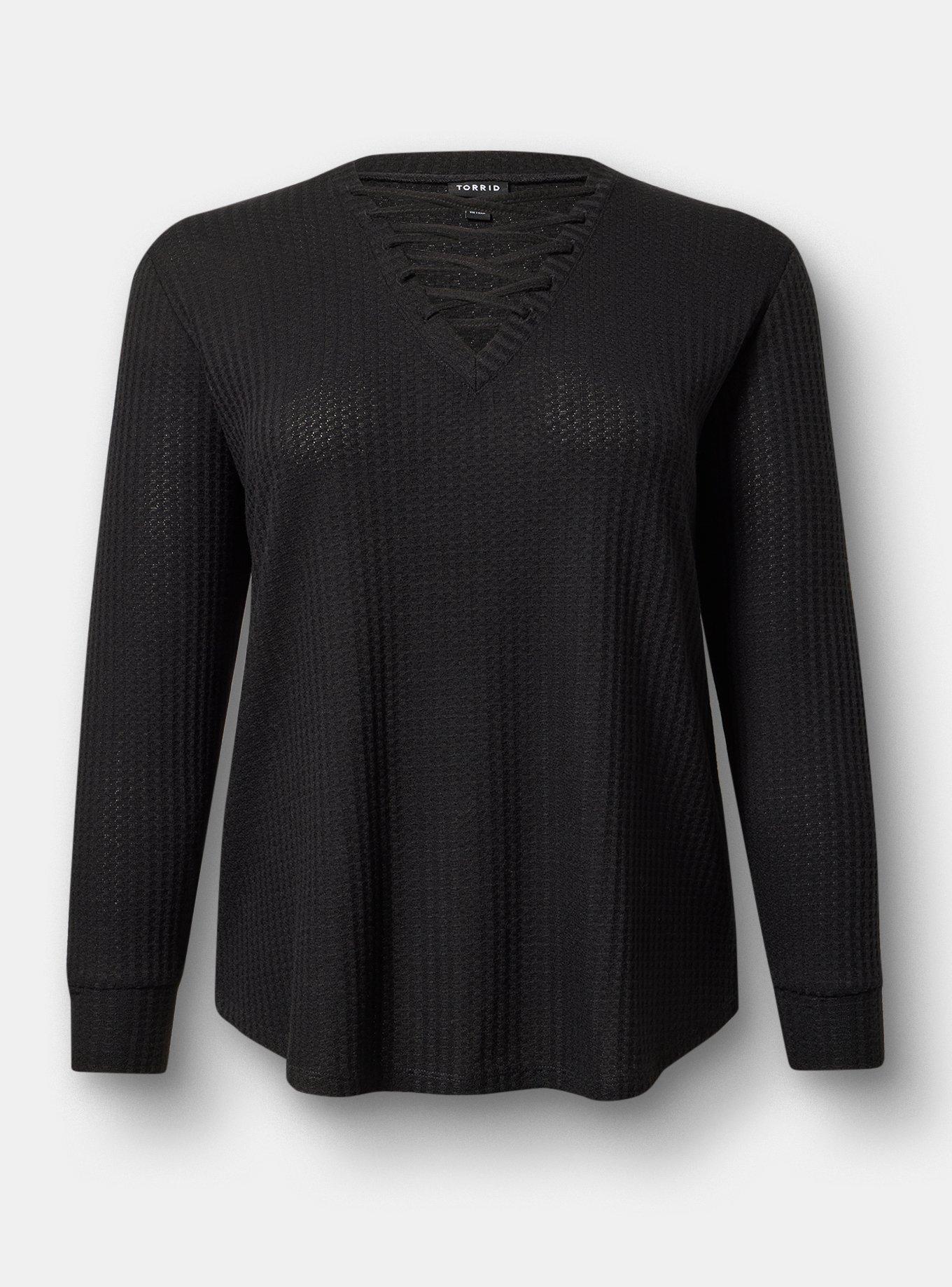 Plus Size Waffle Lace Up V-Neck Sweatshirt, DEEP BLACK, flat