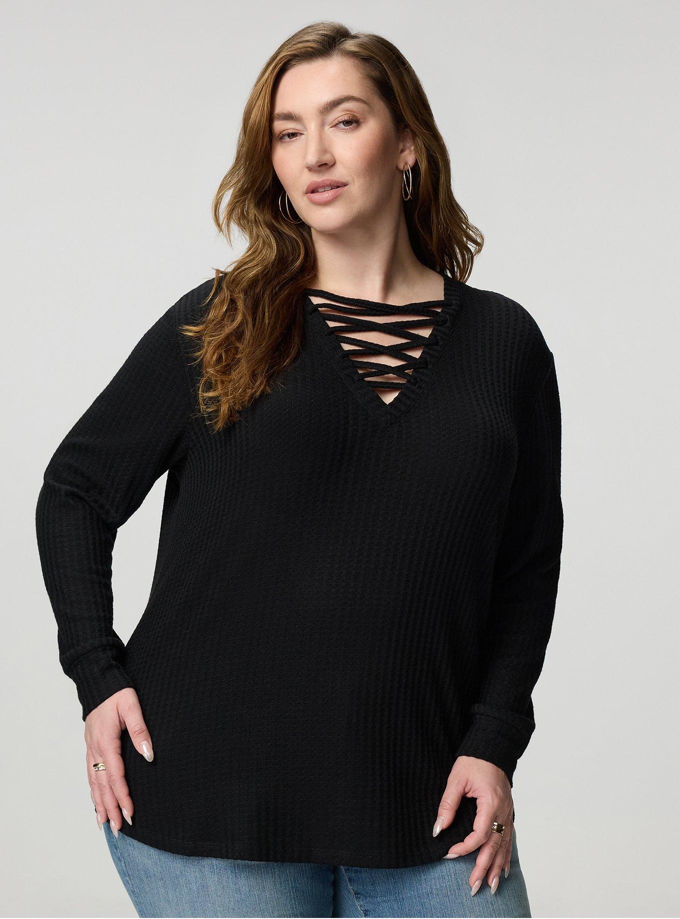 Plus Size Waffle Lace Up V-Neck Sweatshirt, DEEP BLACK, hi-res