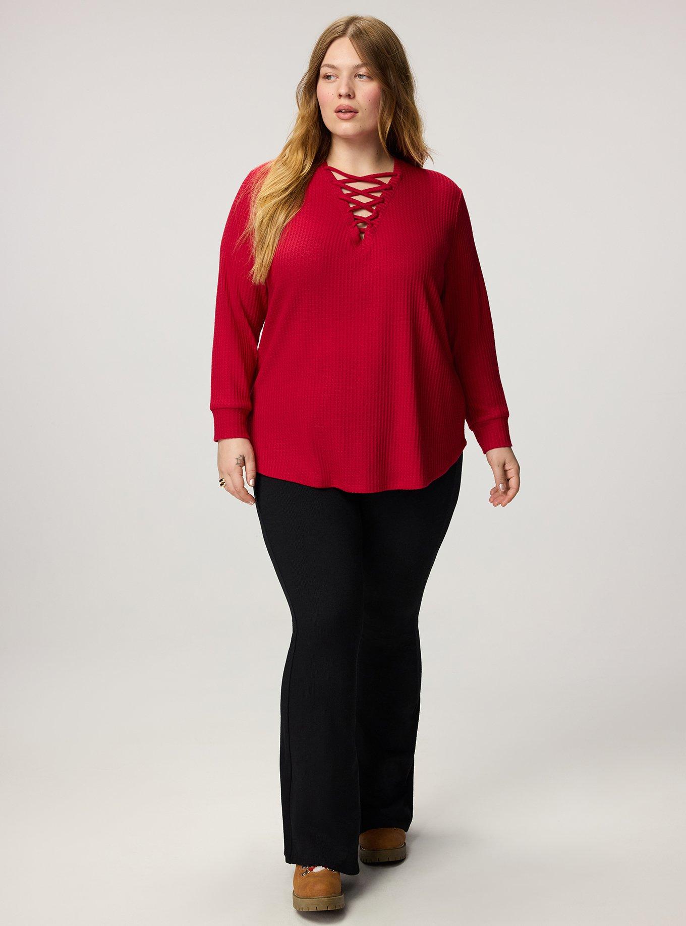 Plus Size Waffle Lace Up V-Neck Sweatshirt, JESTER RED, alternate