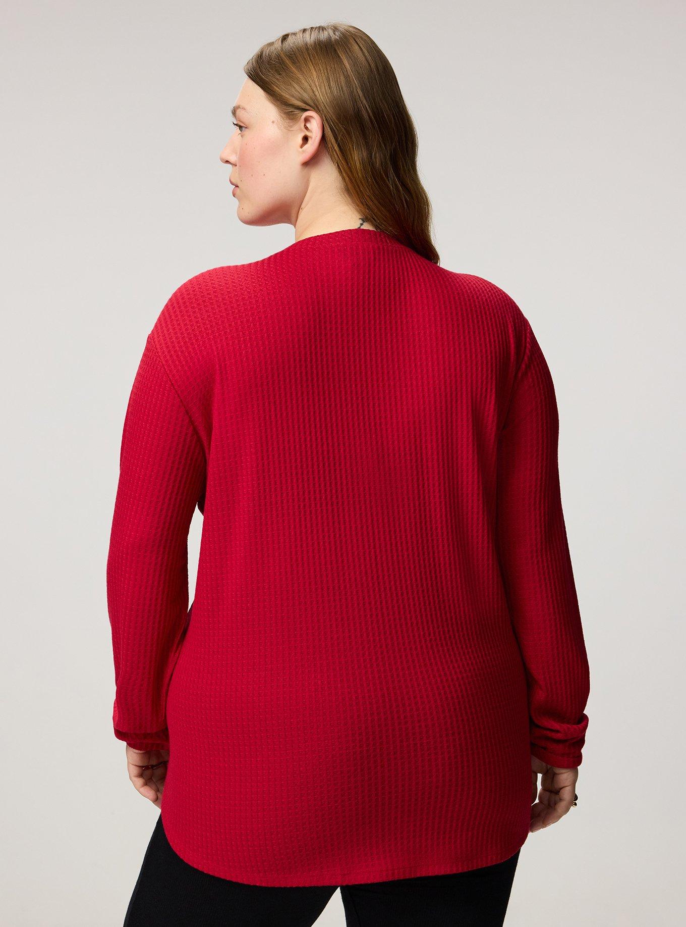 Plus Size Waffle Lace Up V-Neck Sweatshirt, JESTER RED, alternate