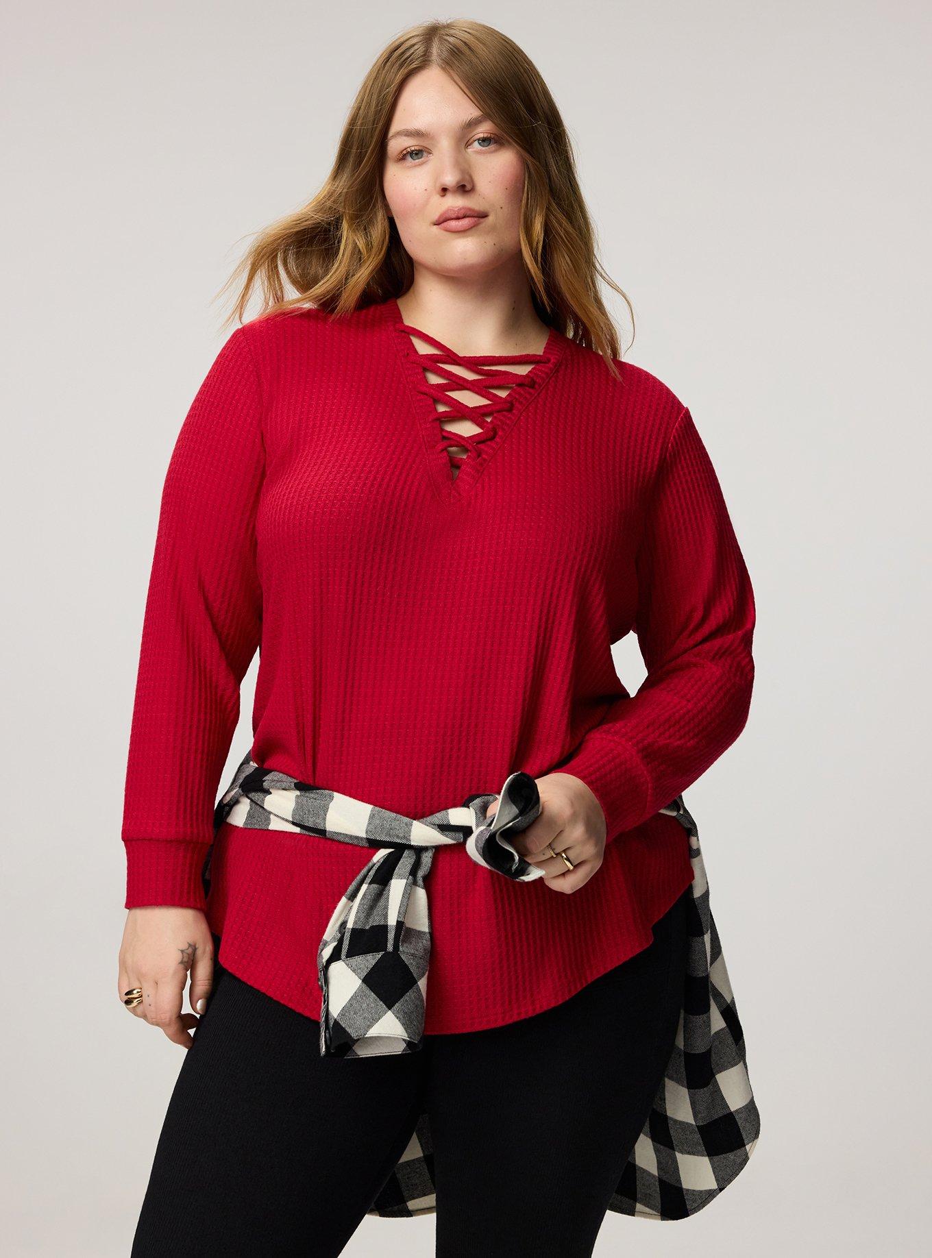 Plus Size Waffle Lace Up V-Neck Sweatshirt, JESTER RED, alternate