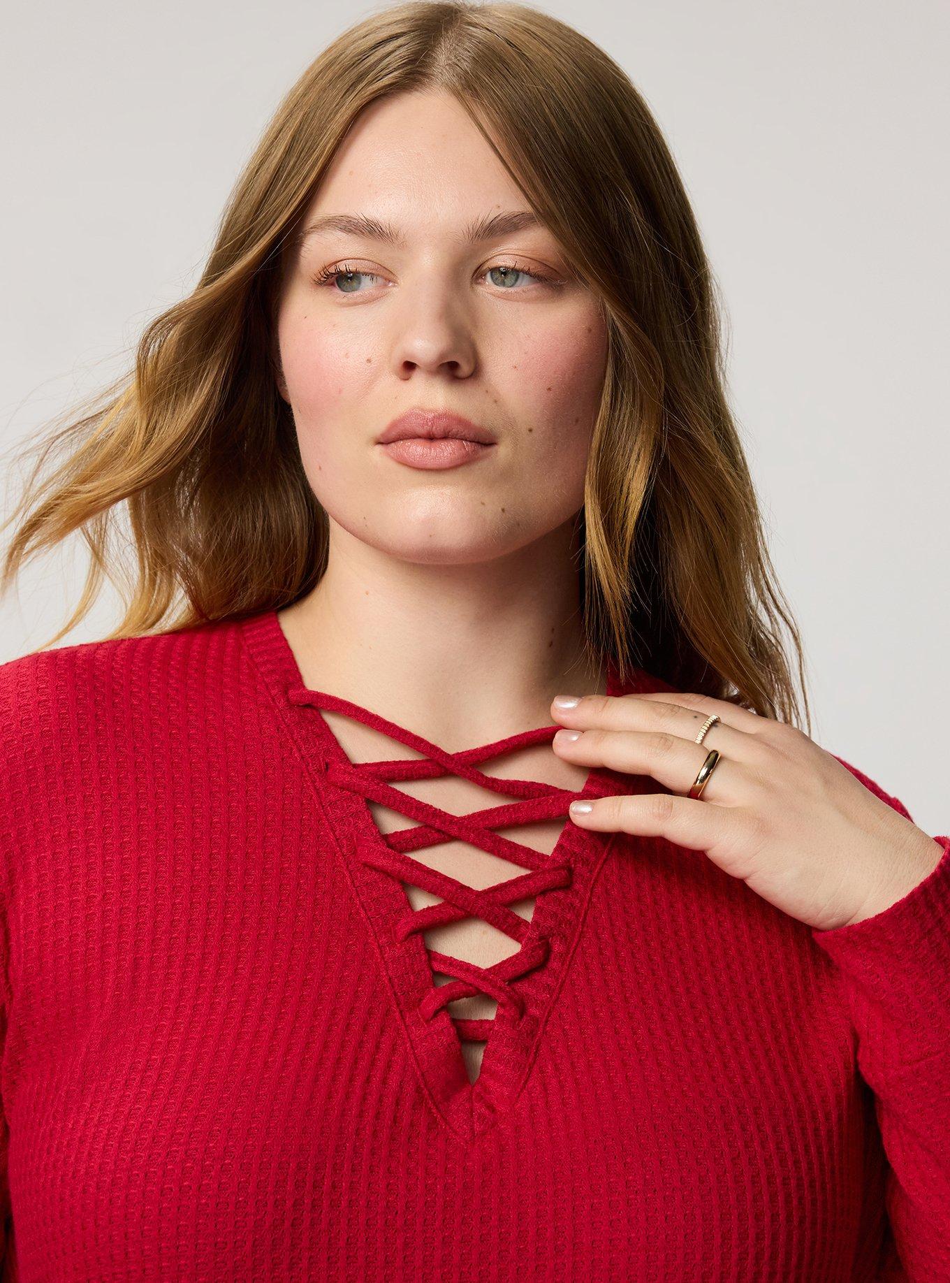 Plus Size Waffle Lace Up V-Neck Sweatshirt, JESTER RED, alternate