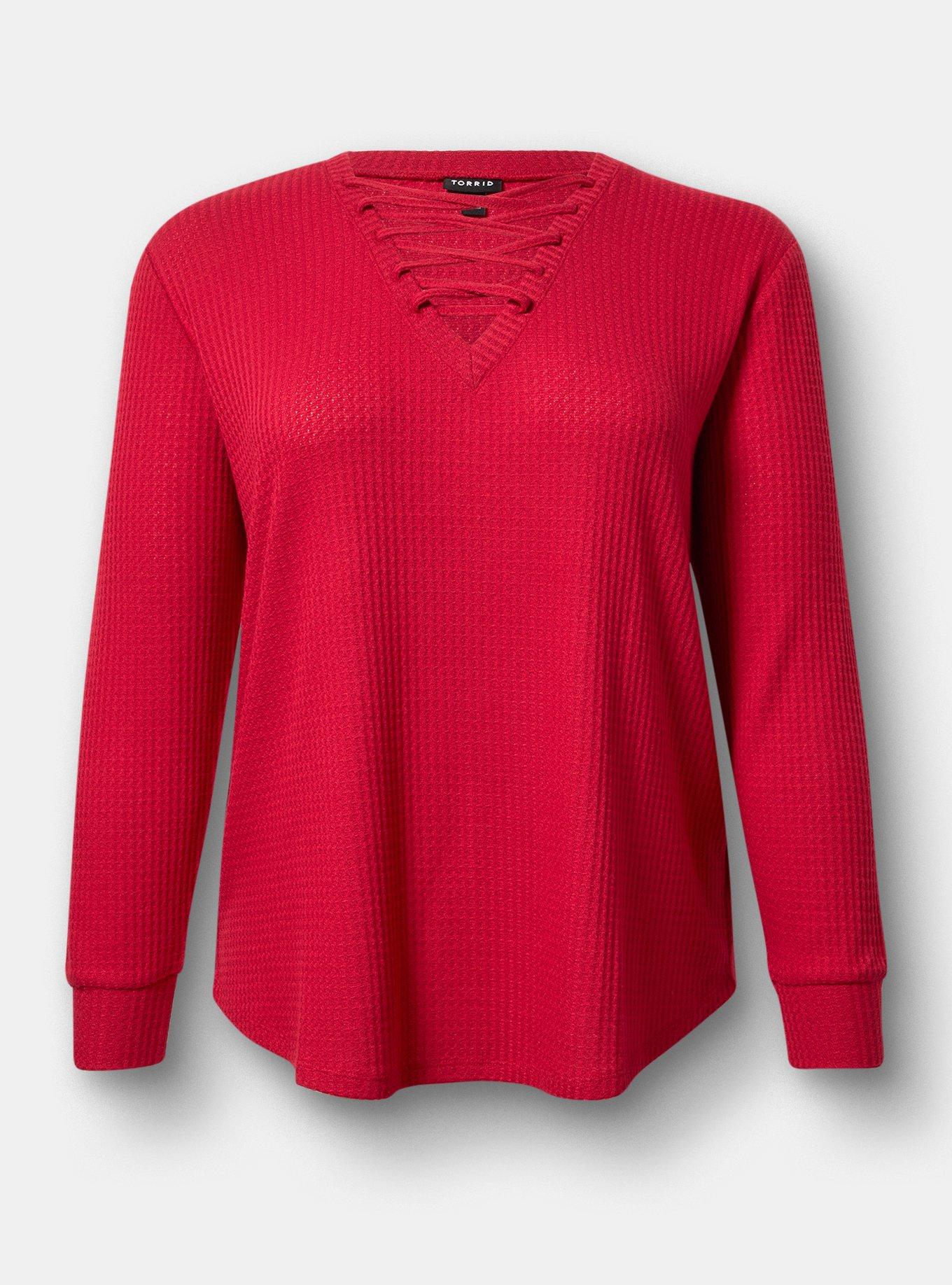 Plus Size Waffle Lace Up V-Neck Sweatshirt, JESTER RED, flat