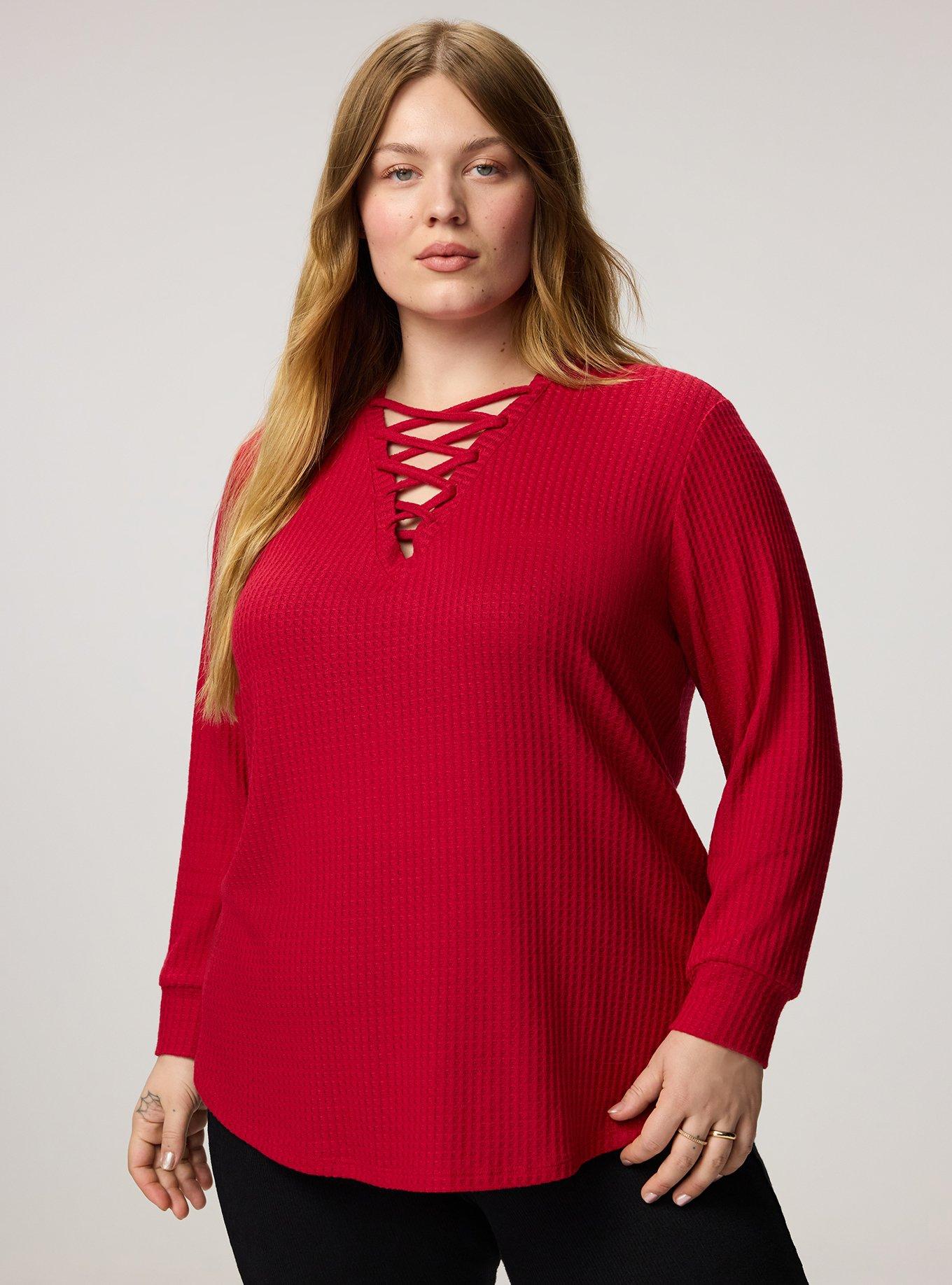Plus Size Waffle Lace Up V-Neck Sweatshirt, JESTER RED, hi-res