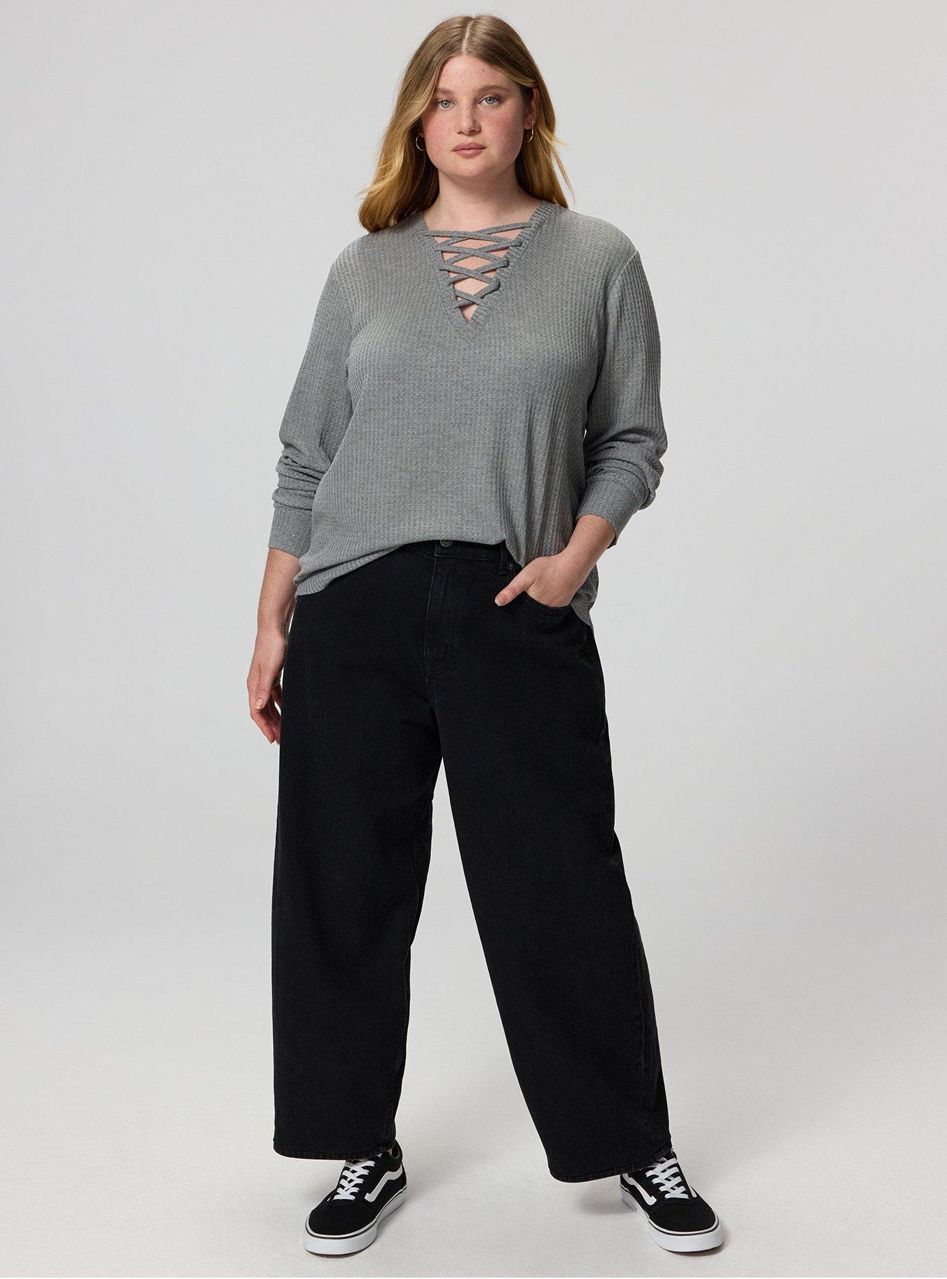 Plus Size Waffle Lace Up V-Neck Sweatshirt, MED HEATHER GREY, alternate