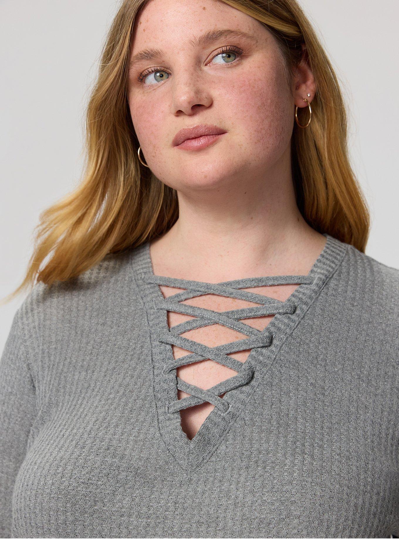 Plus Size Waffle Lace Up V-Neck Sweatshirt, MED HEATHER GREY, alternate