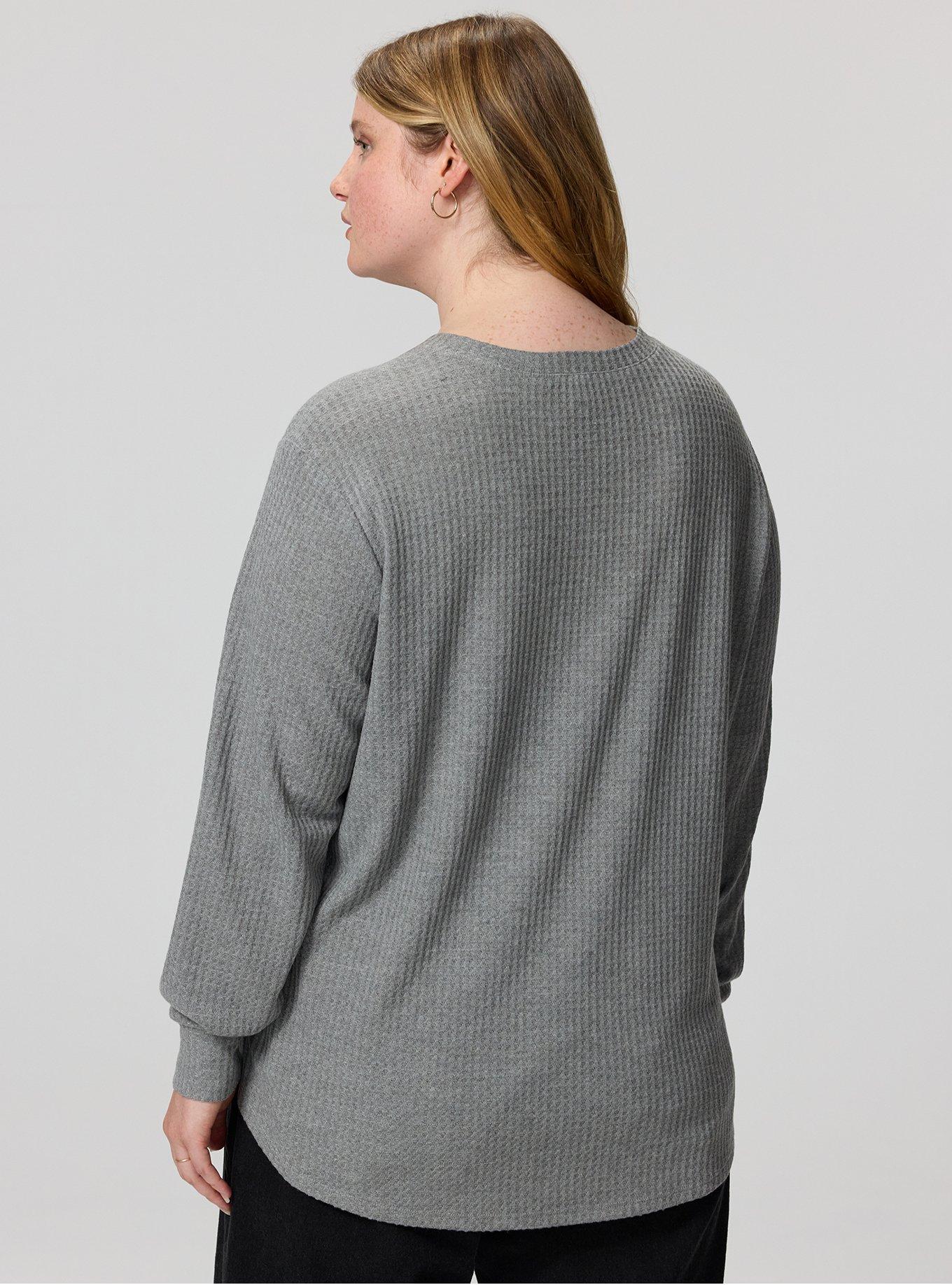 Plus Size Waffle Lace Up V-Neck Sweatshirt, MED HEATHER GREY, alternate
