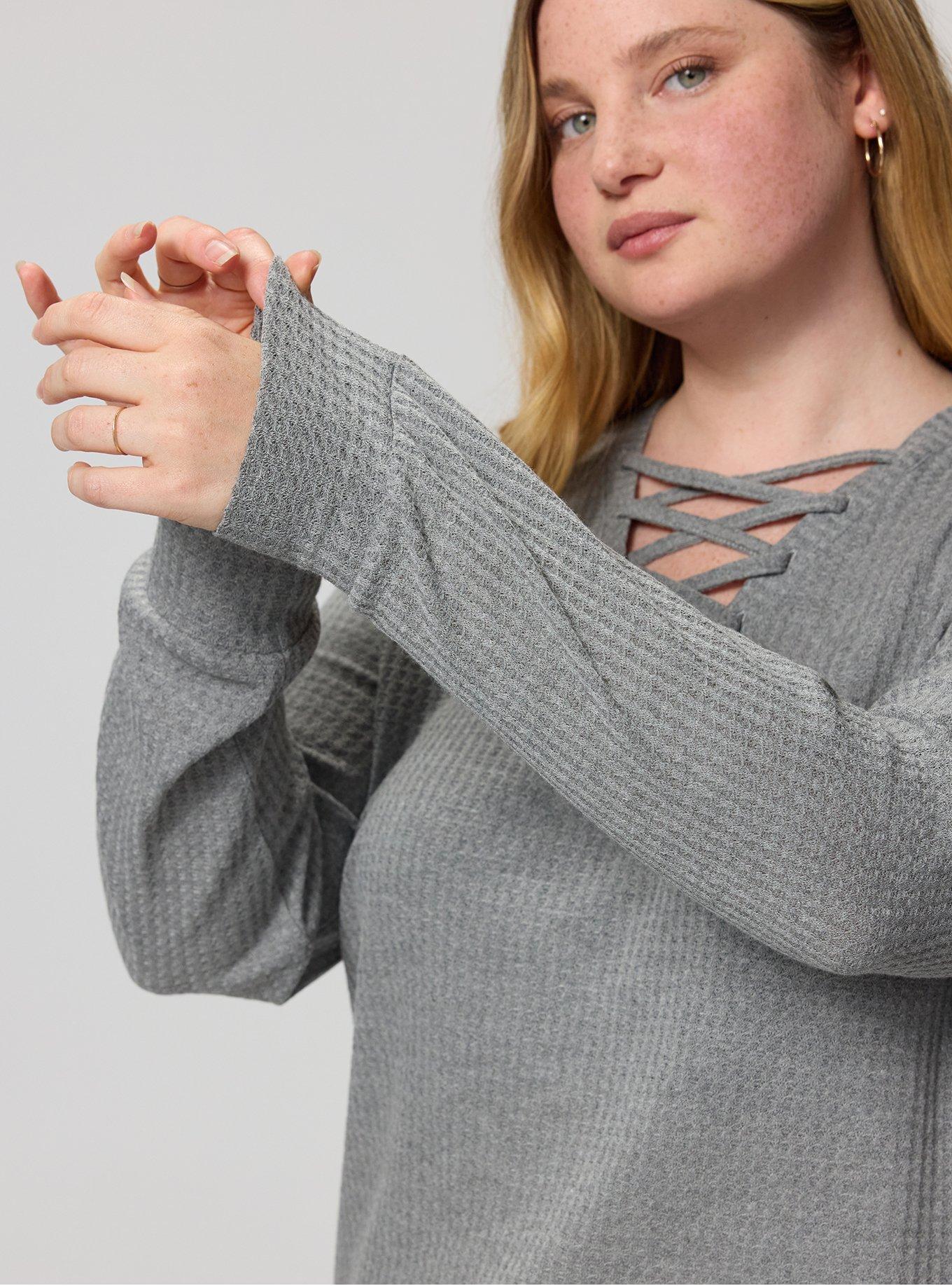 Plus Size Waffle Lace Up V-Neck Sweatshirt, MED HEATHER GREY, alternate
