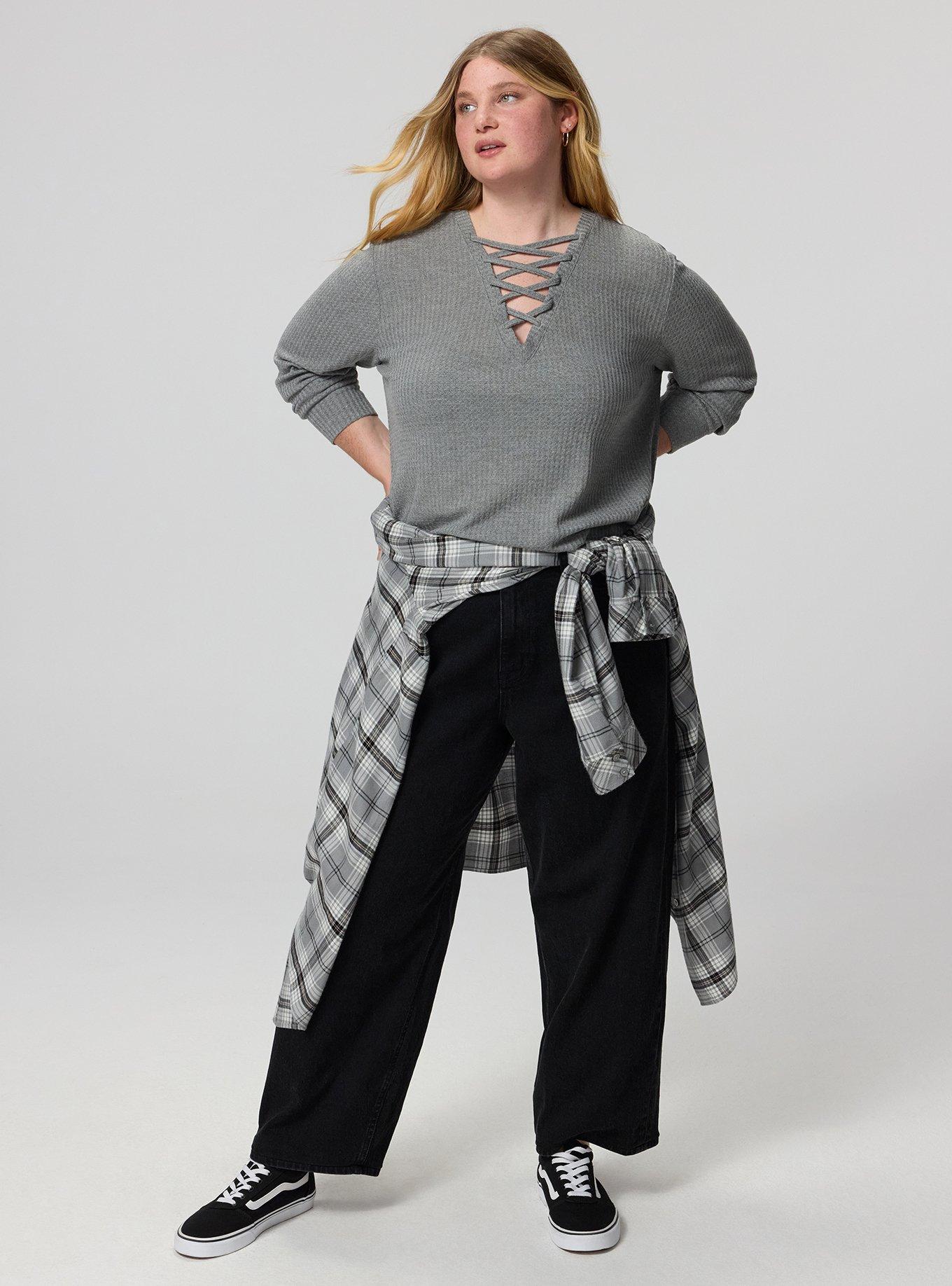 Plus Size Waffle Lace Up V-Neck Sweatshirt, MED HEATHER GREY, alternate