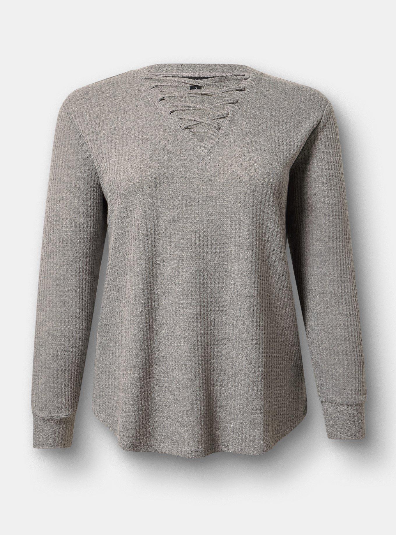Plus Size Waffle Lace Up V-Neck Sweatshirt, MED HEATHER GREY, flat