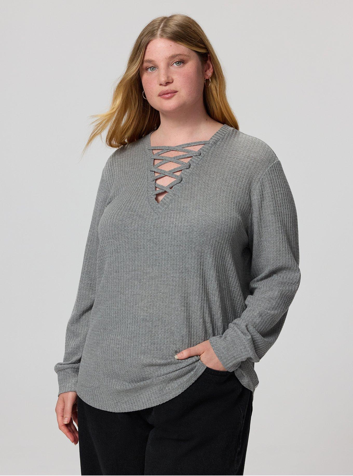 Plus Size Waffle Lace Up V-Neck Sweatshirt, MED HEATHER GREY, hi-res