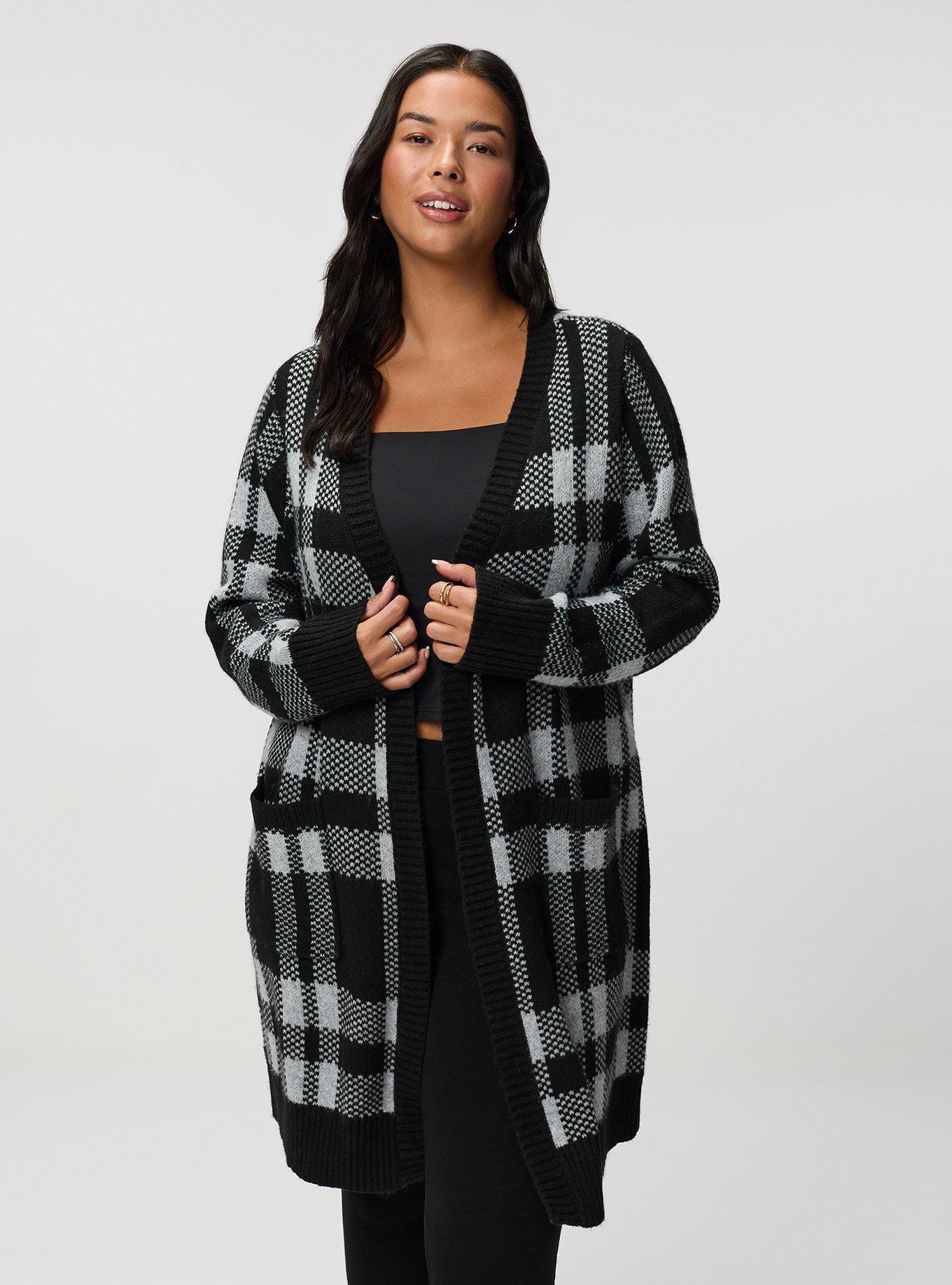 Open Front Cardigan, DEEP BLACK WHISPER WHITE PLAID, alternate