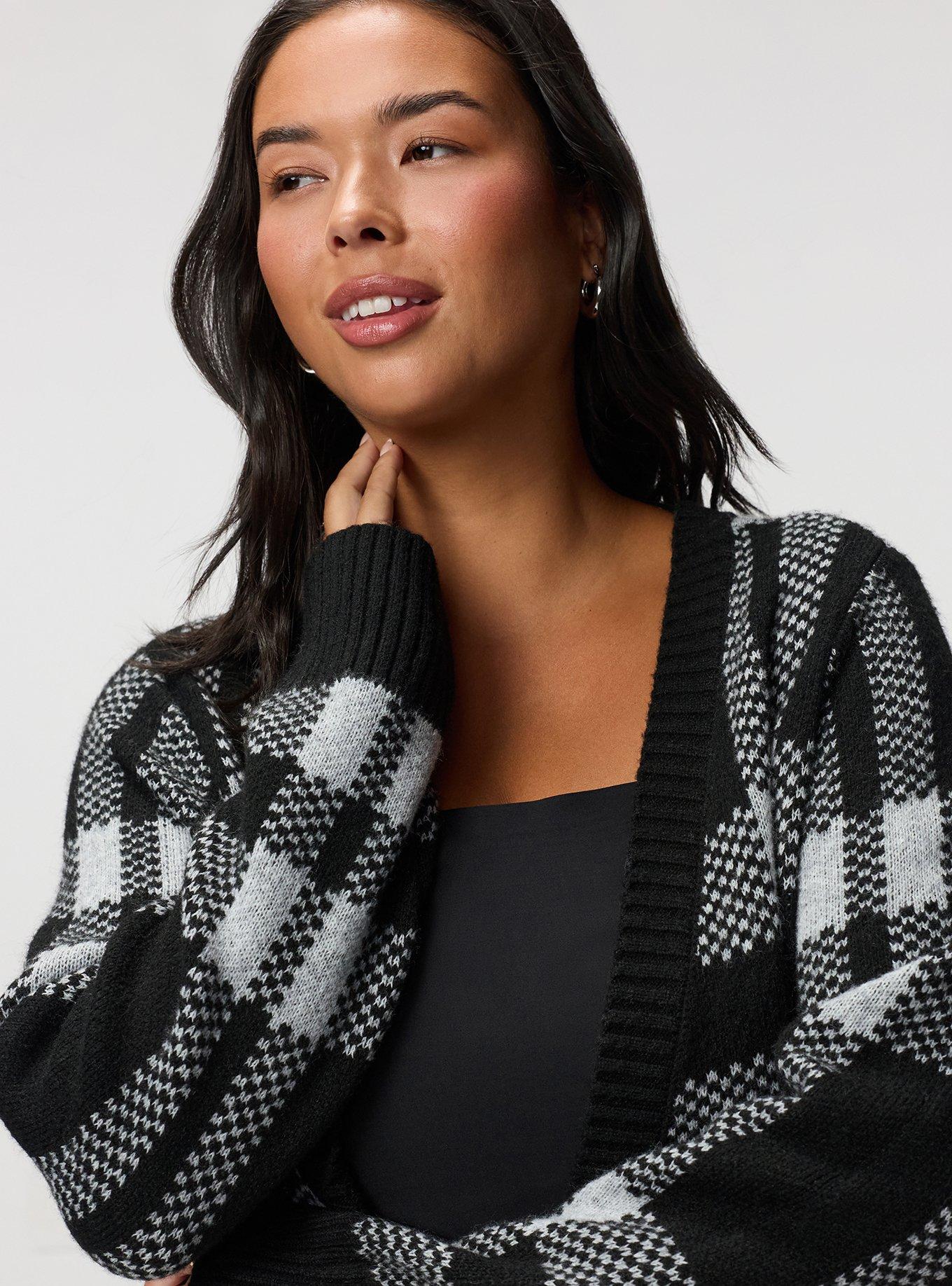 Open Front Cardigan, DEEP BLACK WHISPER WHITE PLAID, alternate