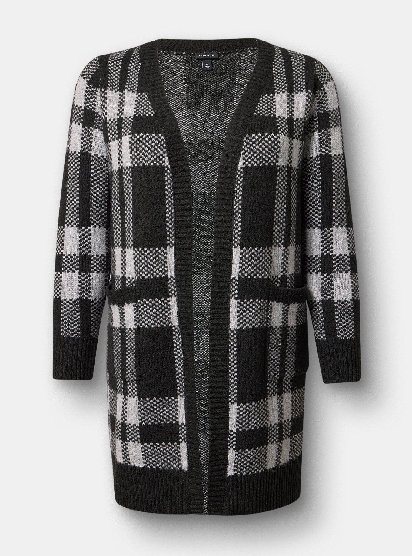 Open Front Cardigan, DEEP BLACK WHISPER WHITE PLAID, flat