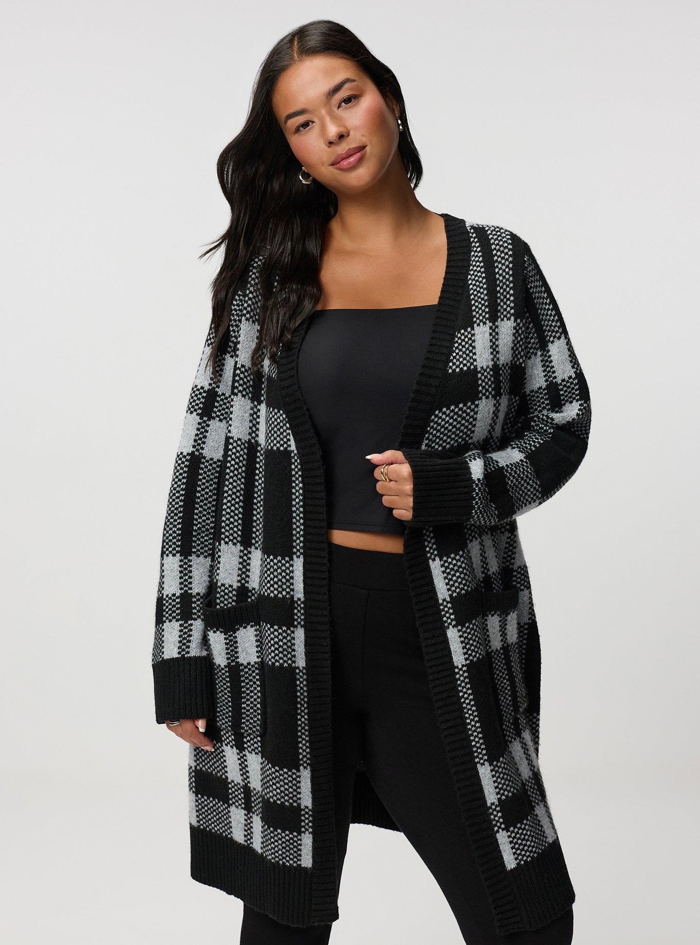 Open Front Cardigan, DEEP BLACK WHISPER WHITE PLAID, hi-res