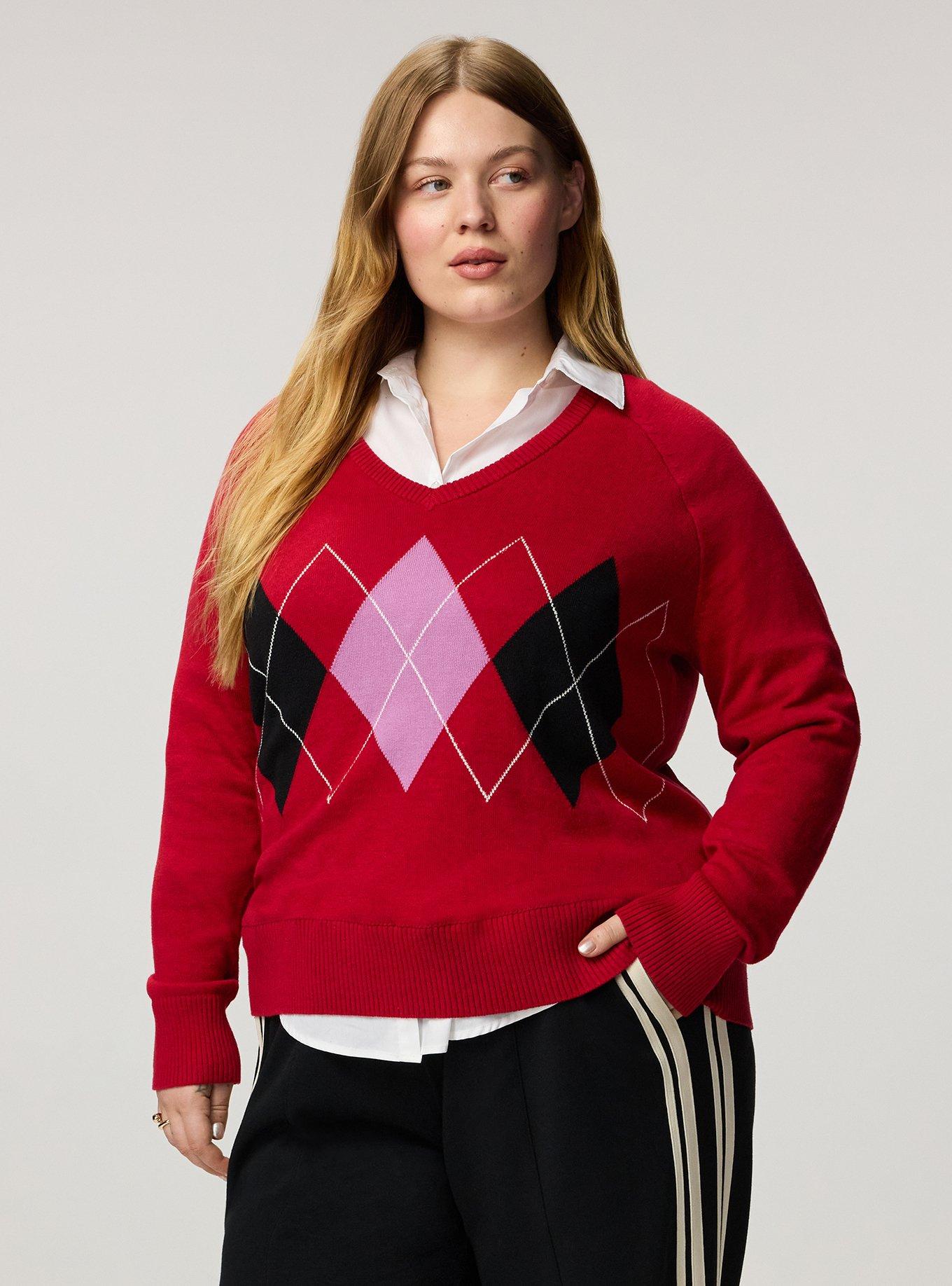 V-Neck Pullover Sweater, JESTER RED VIOLA ARGYLE, alternate