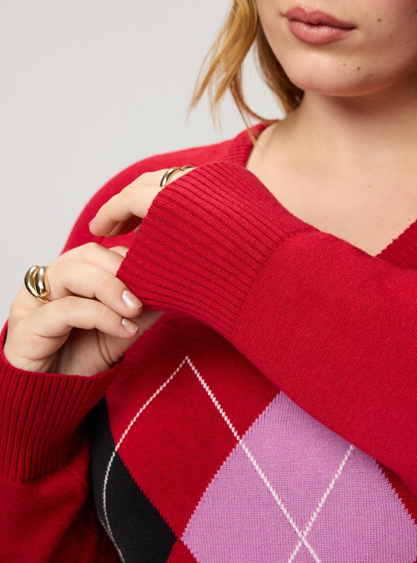 V-Neck Pullover Sweater, JESTER RED VIOLA ARGYLE, alternate