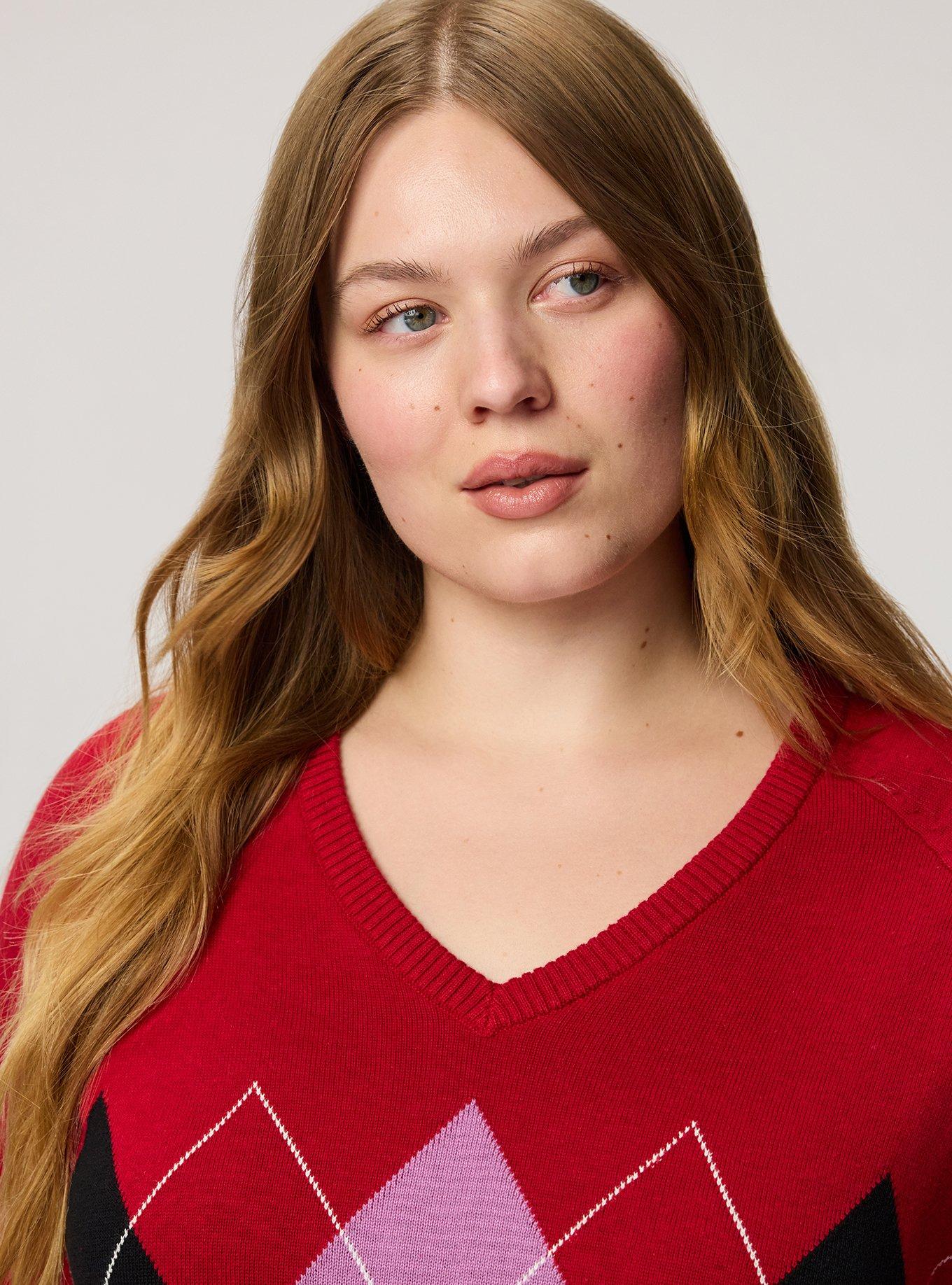 V-Neck Pullover Sweater, JESTER RED VIOLA ARGYLE, alternate