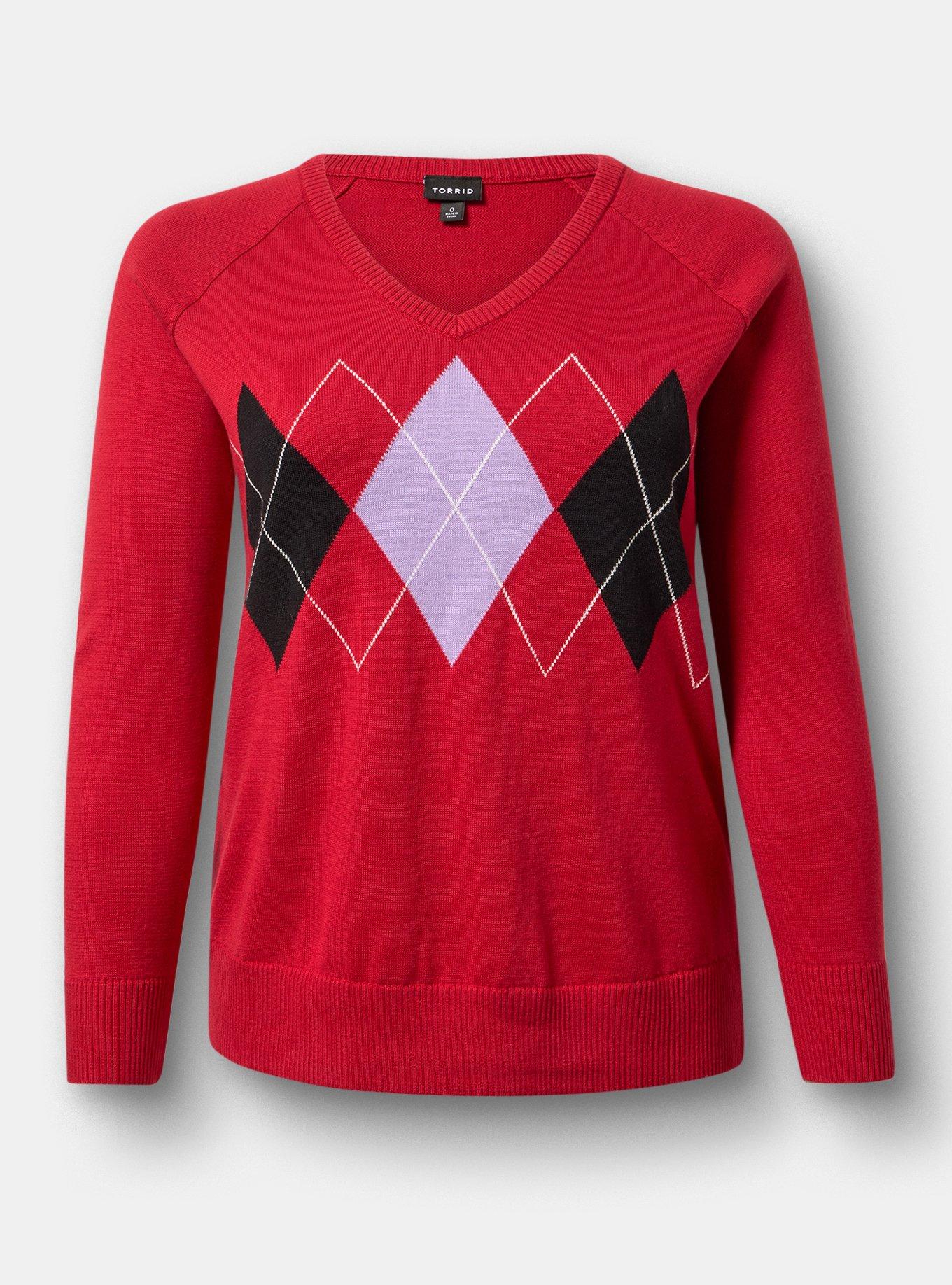 V-Neck Pullover Sweater, JESTER RED VIOLA ARGYLE, flat