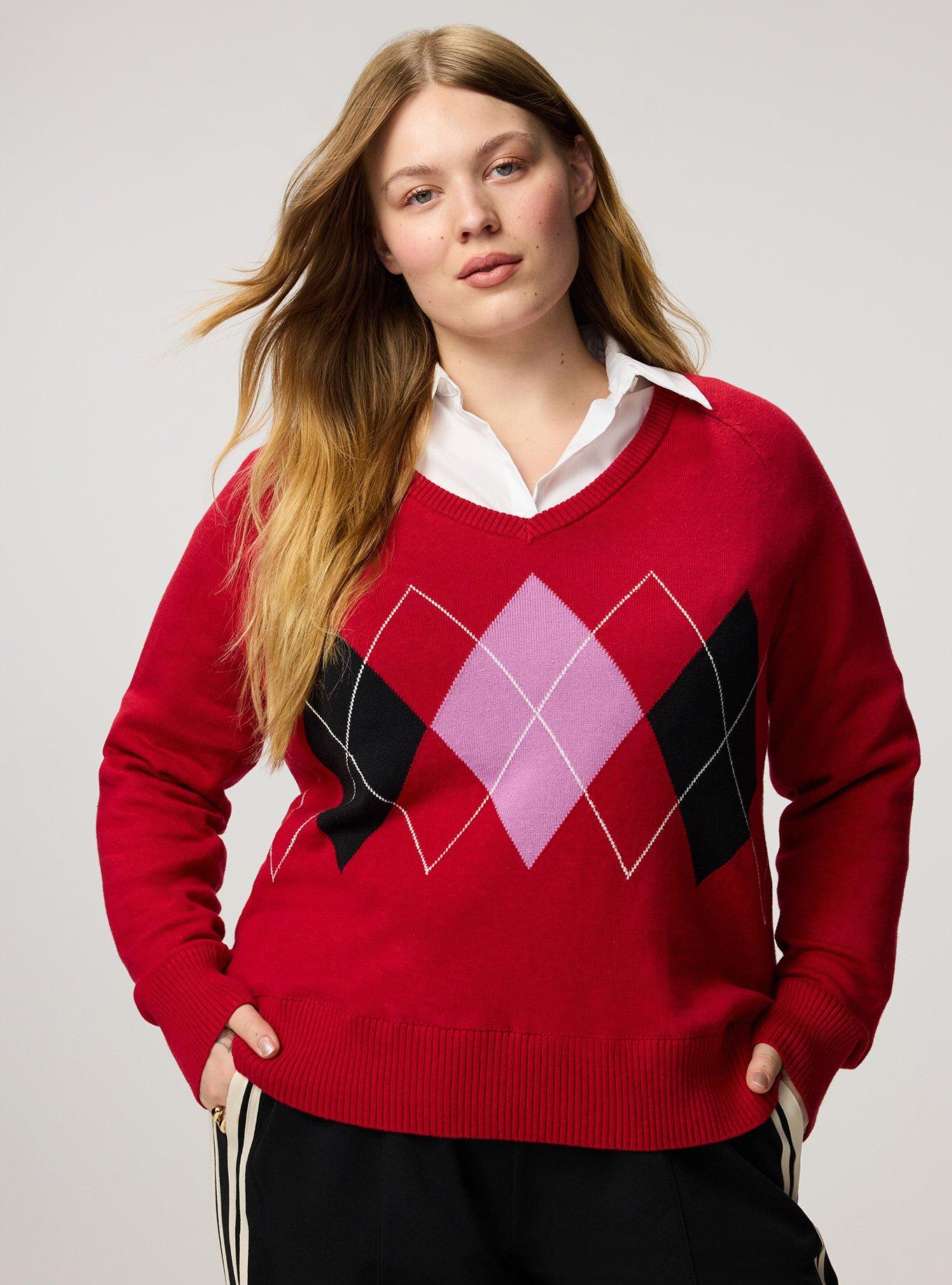 V-Neck Pullover Sweater, JESTER RED VIOLA ARGYLE, hi-res