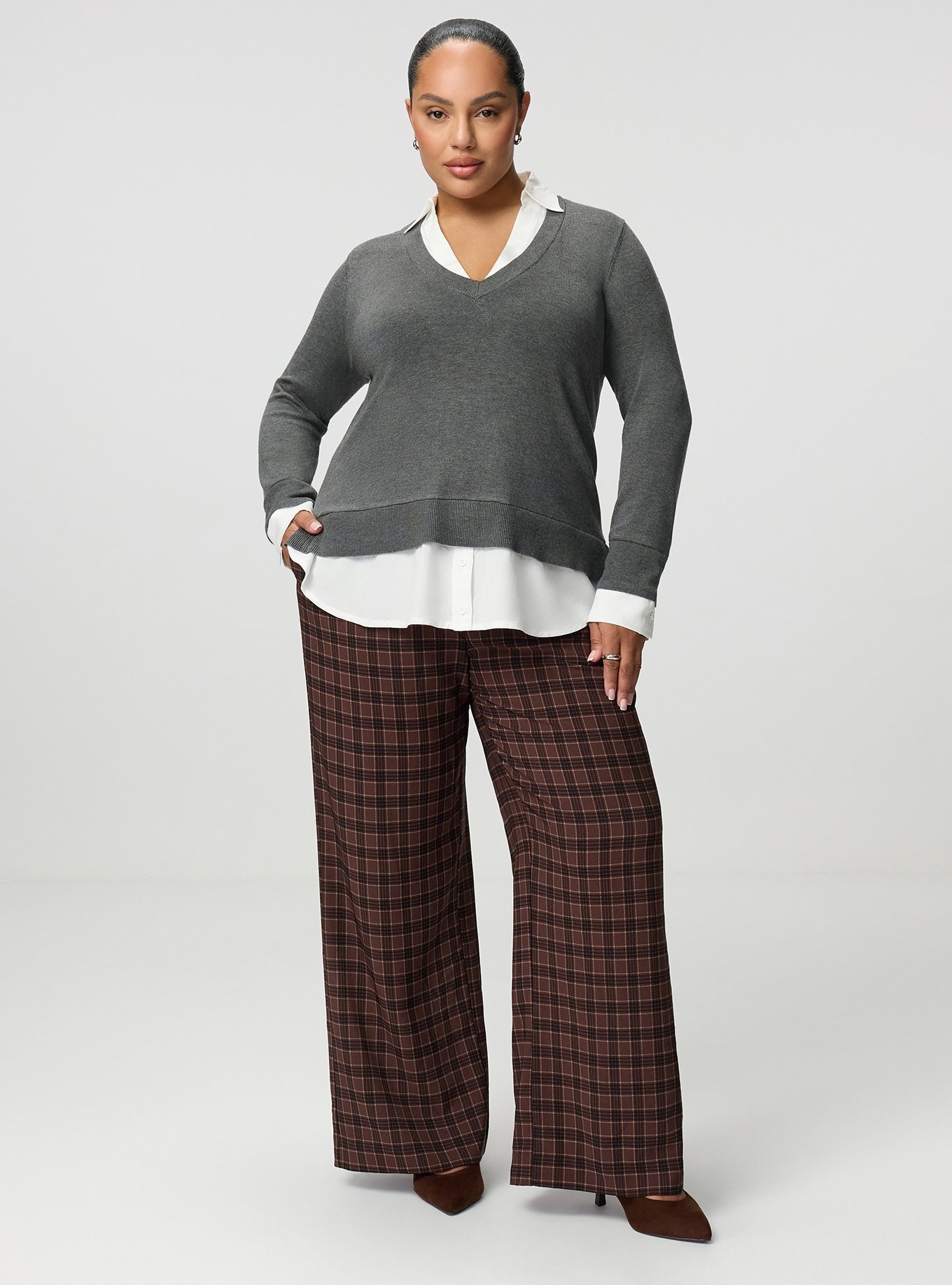 Fitted Collared 2fer Pullover Sweater, CHARCOAL HEATHER, alternate