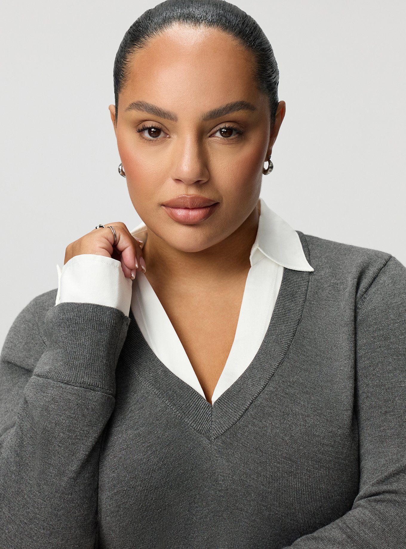 Fitted Collared 2fer Pullover Sweater, CHARCOAL HEATHER, alternate