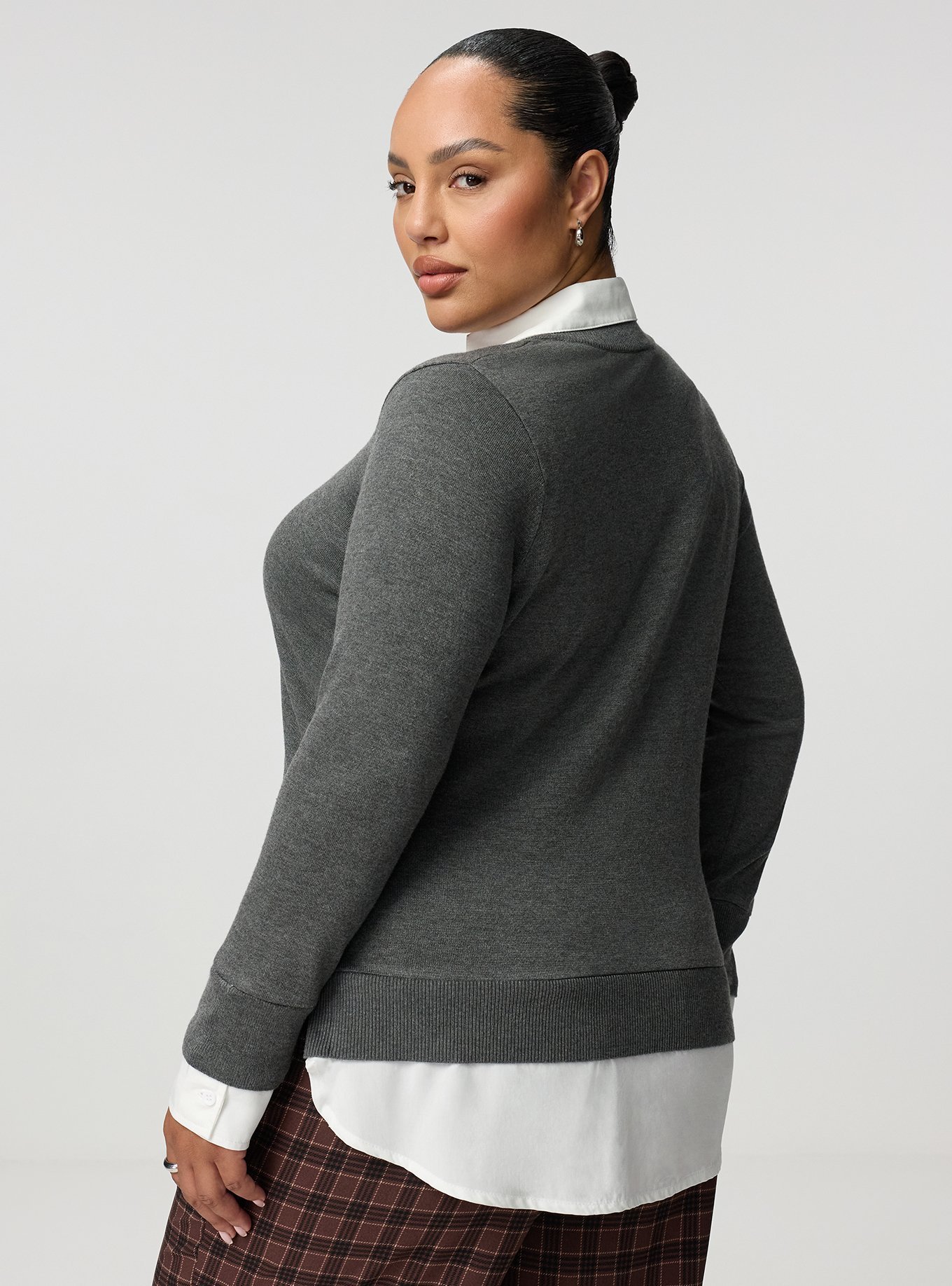 Fitted Collared 2fer Pullover Sweater, CHARCOAL HEATHER, alternate