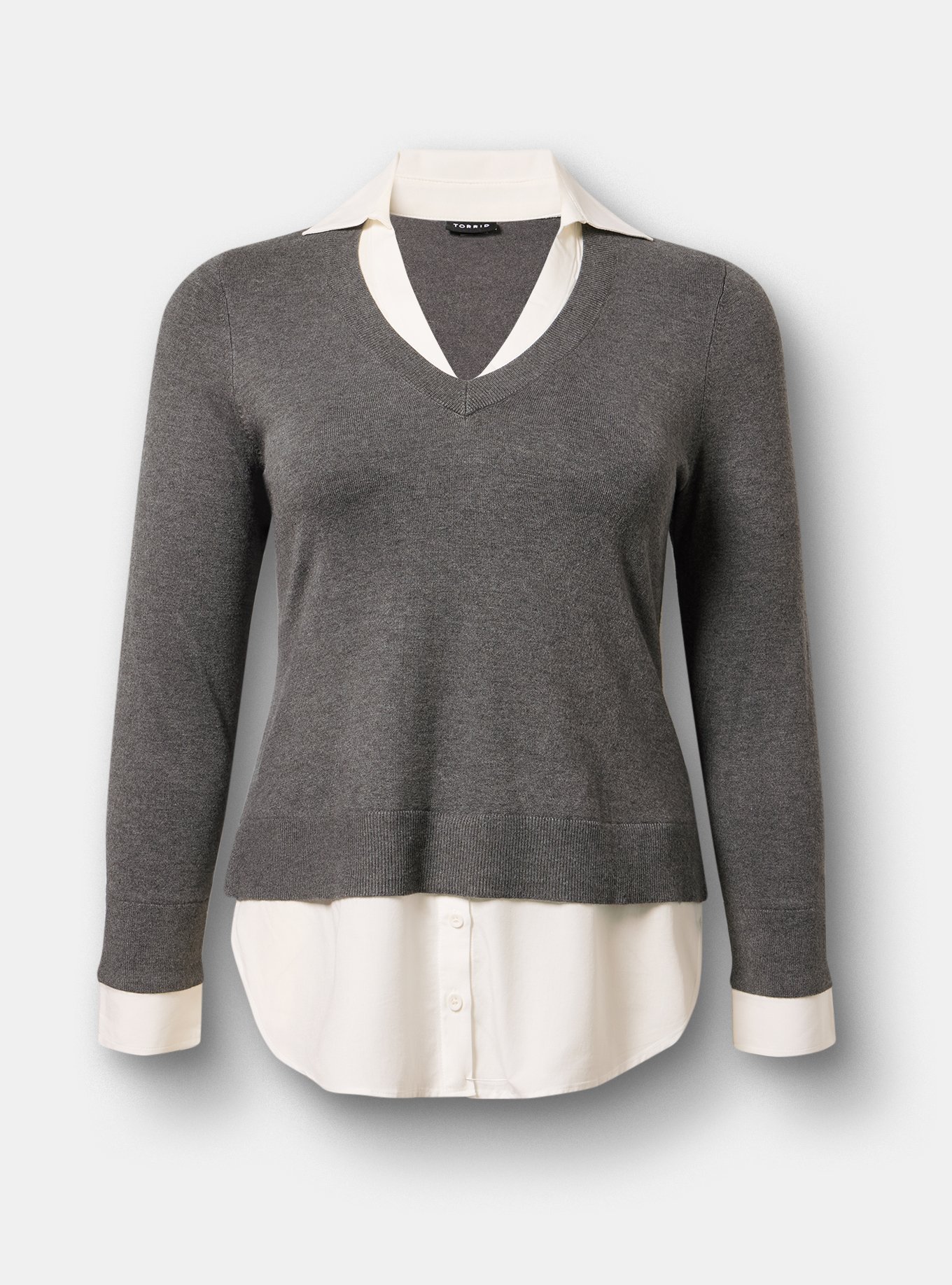Fitted Collared 2fer Pullover Sweater, CHARCOAL HEATHER, flat
