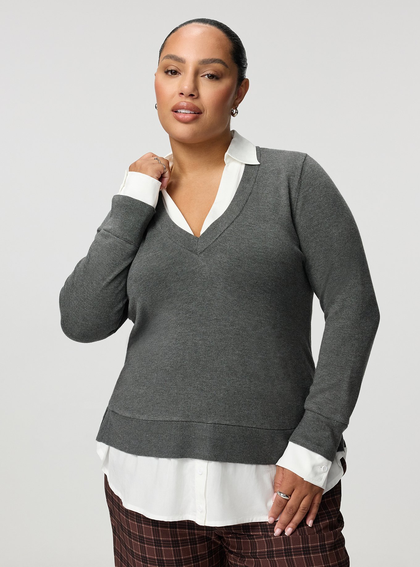 Fitted Collared 2fer Pullover Sweater, CHARCOAL HEATHER, hi-res