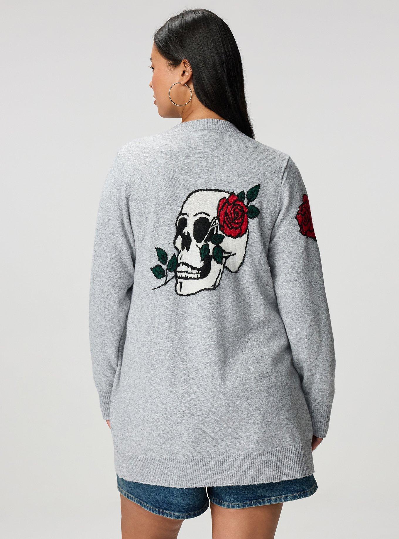 Vegan Cashmere Open Front Cardigan, HEART ROSE SKULL MED HEATHER GREY, alternate