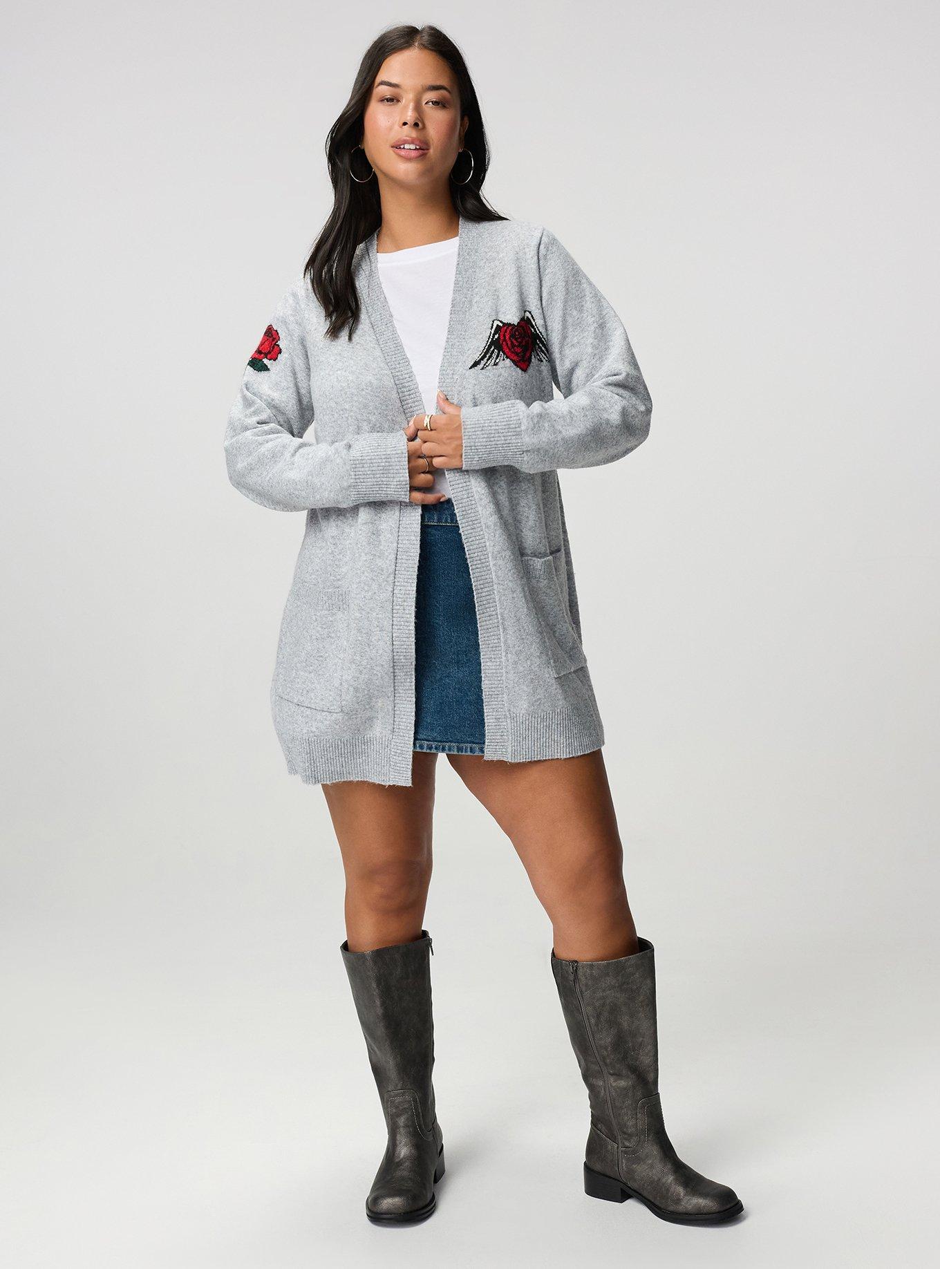 Vegan Cashmere Open Front Cardigan, HEART ROSE SKULL MED HEATHER GREY, alternate