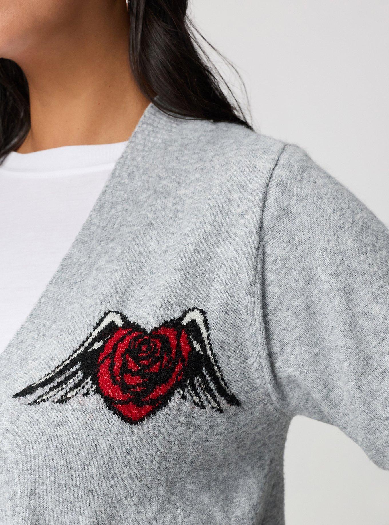 Vegan Cashmere Open Front Cardigan, HEART ROSE SKULL MED HEATHER GREY, alternate
