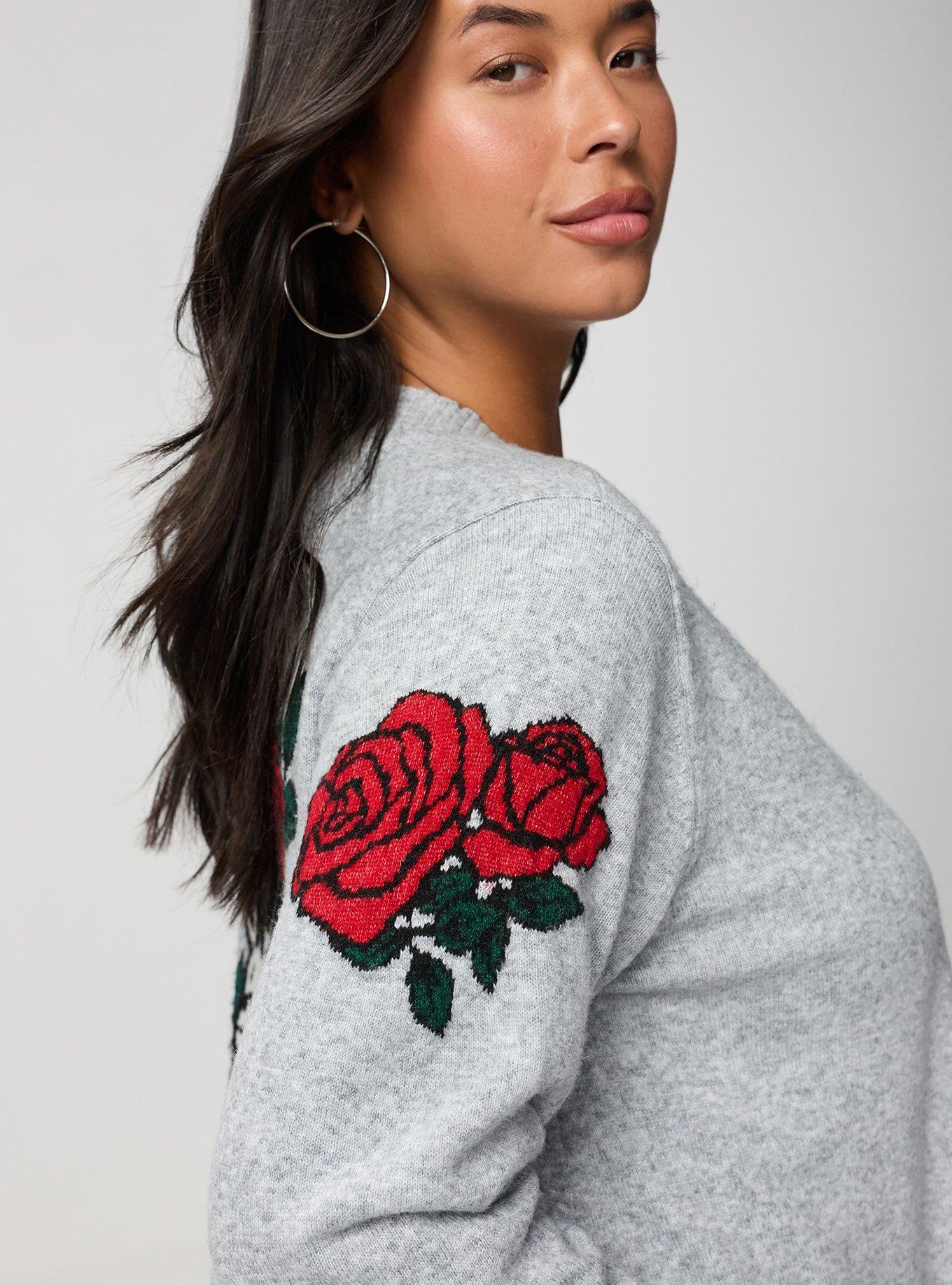 Vegan Cashmere Open Front Cardigan, HEART ROSE SKULL MED HEATHER GREY, alternate