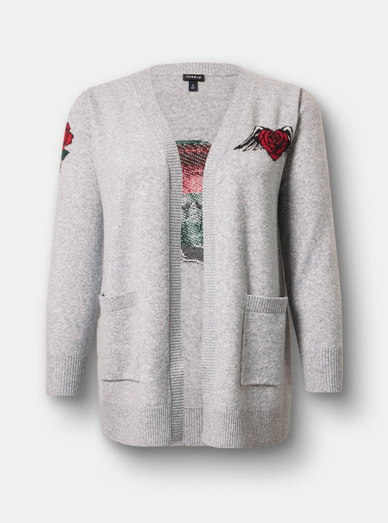 Vegan Cashmere Open Front Cardigan, HEART ROSE SKULL MED HEATHER GREY, flat