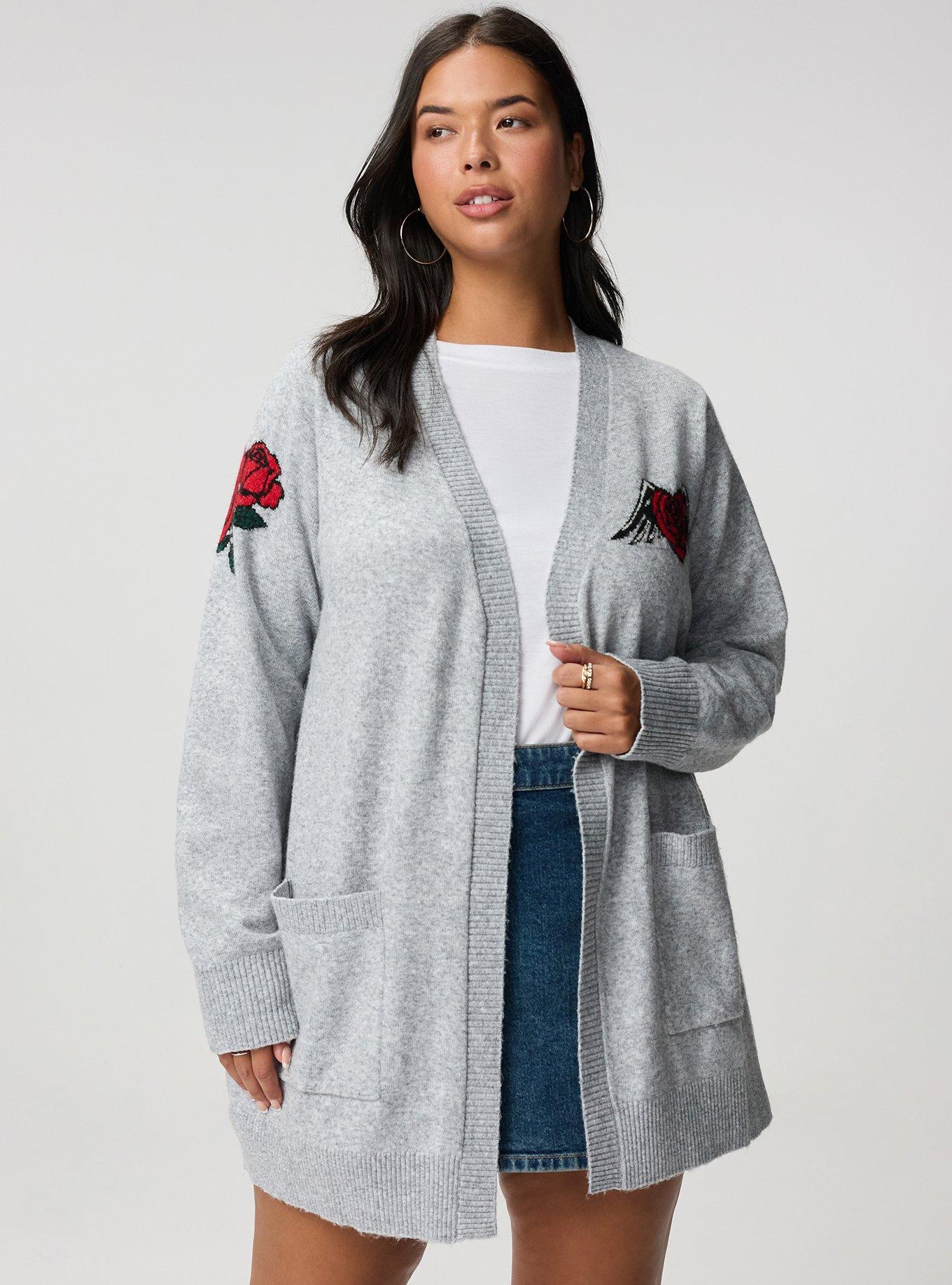 Vegan Cashmere Open Front Cardigan, HEART ROSE SKULL MED HEATHER GREY, hi-res