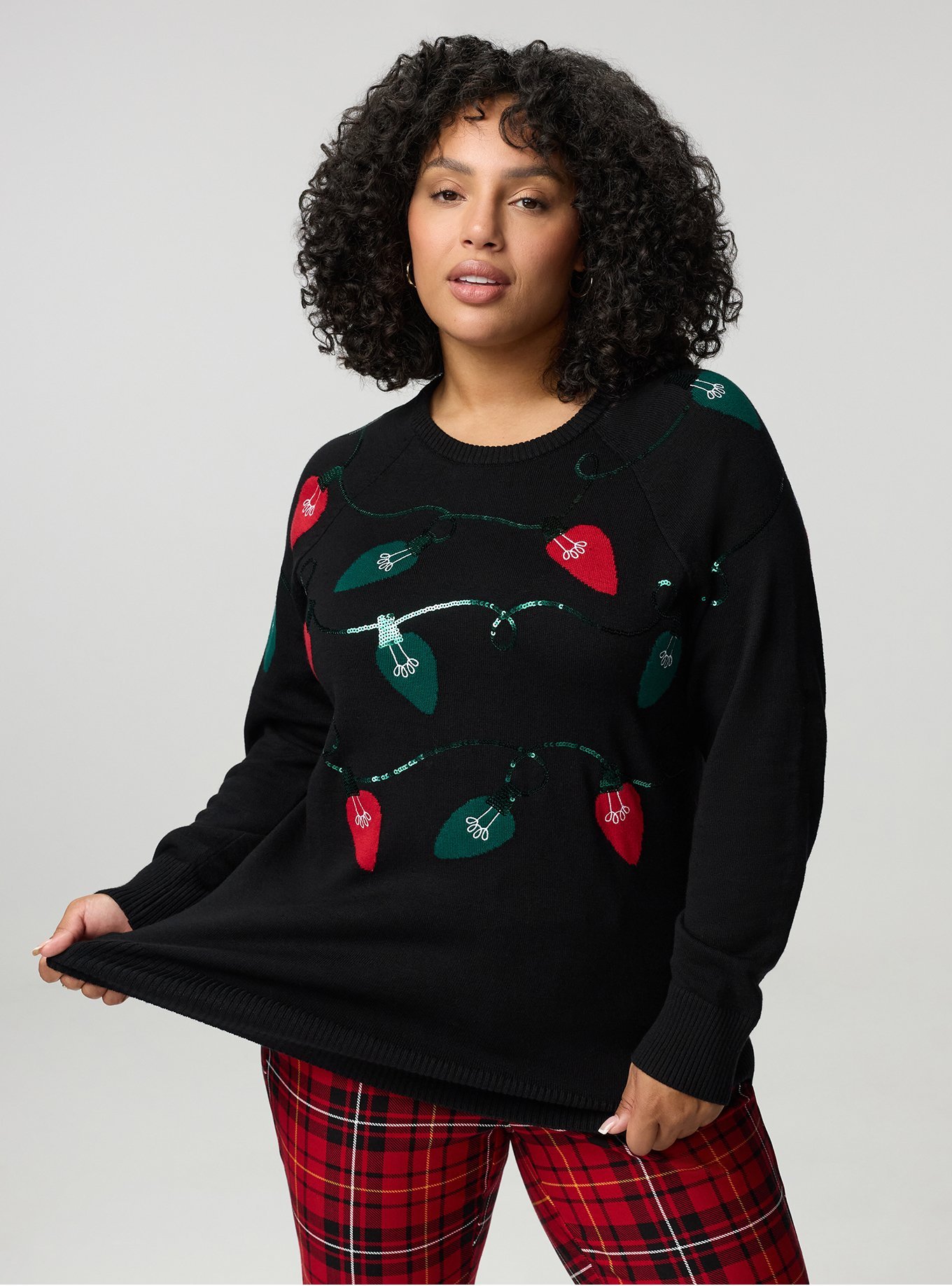 Cotton Cashmere Crew Sweater, FUN FESTIVE LIGHTS DEEP BLACK, alternate
