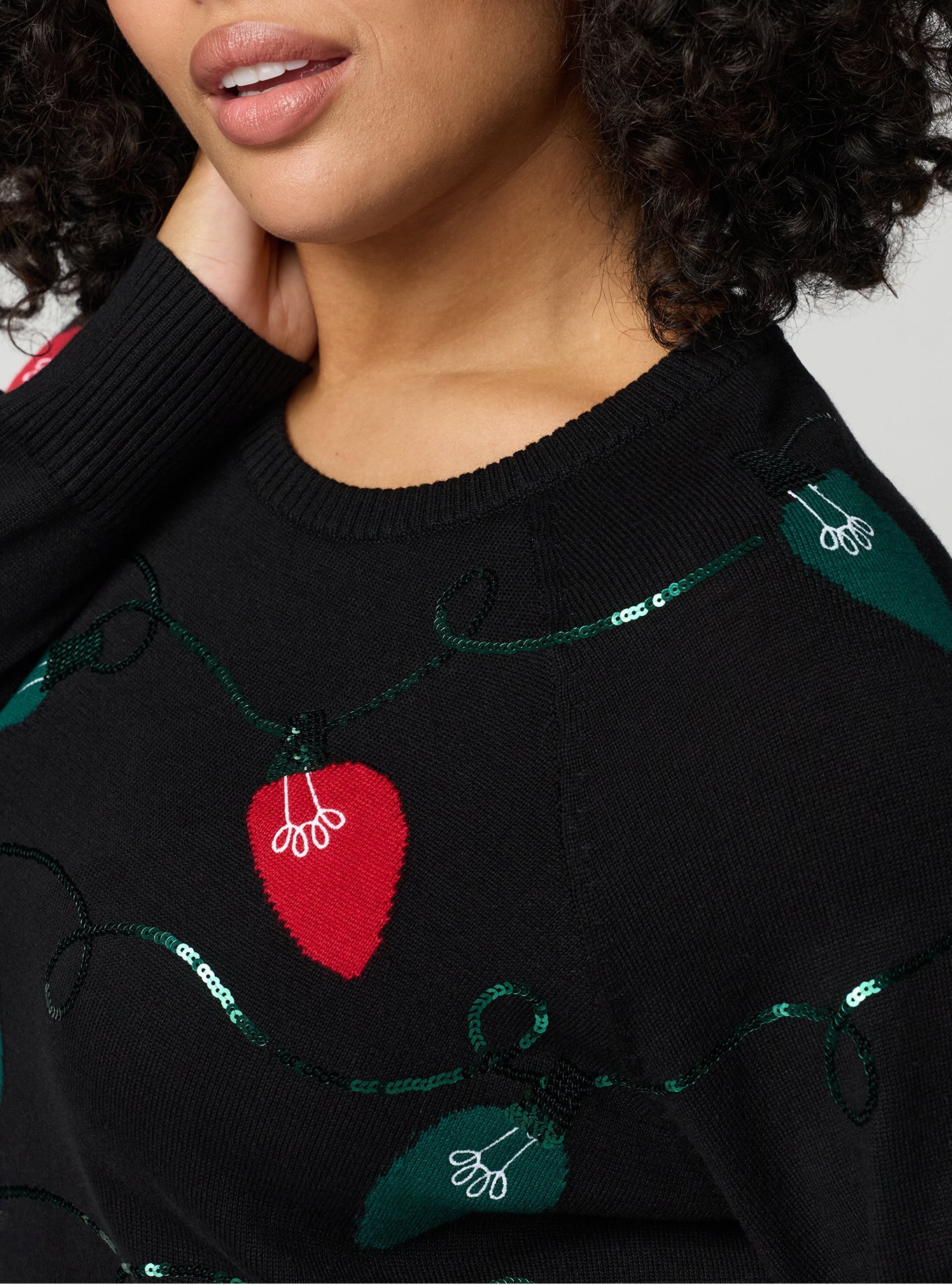 Cotton Cashmere Crew Sweater, FUN FESTIVE LIGHTS DEEP BLACK, alternate