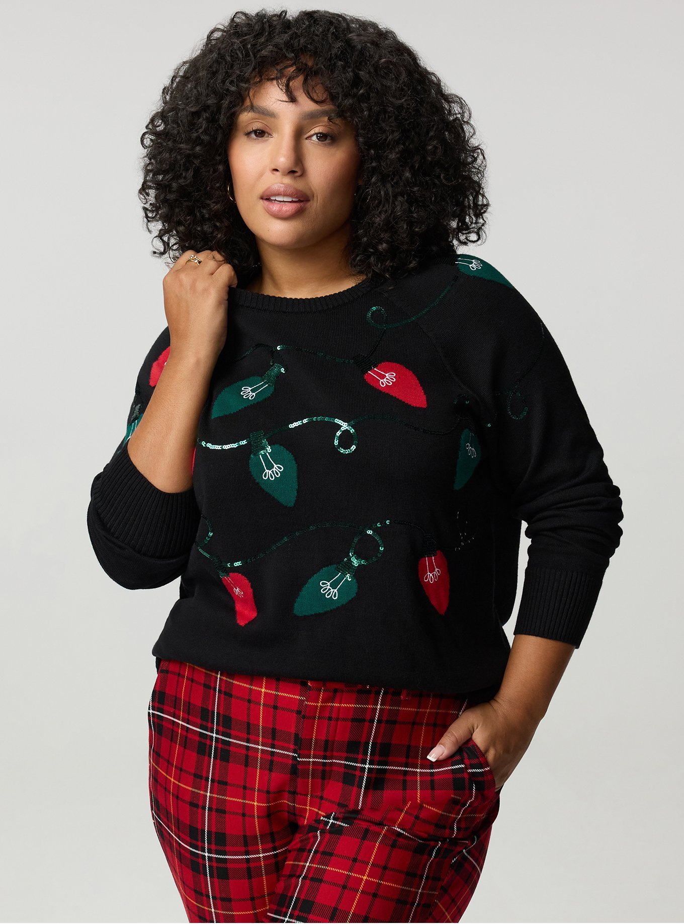 Cotton Cashmere Crew Sweater, FUN FESTIVE LIGHTS DEEP BLACK, hi-res