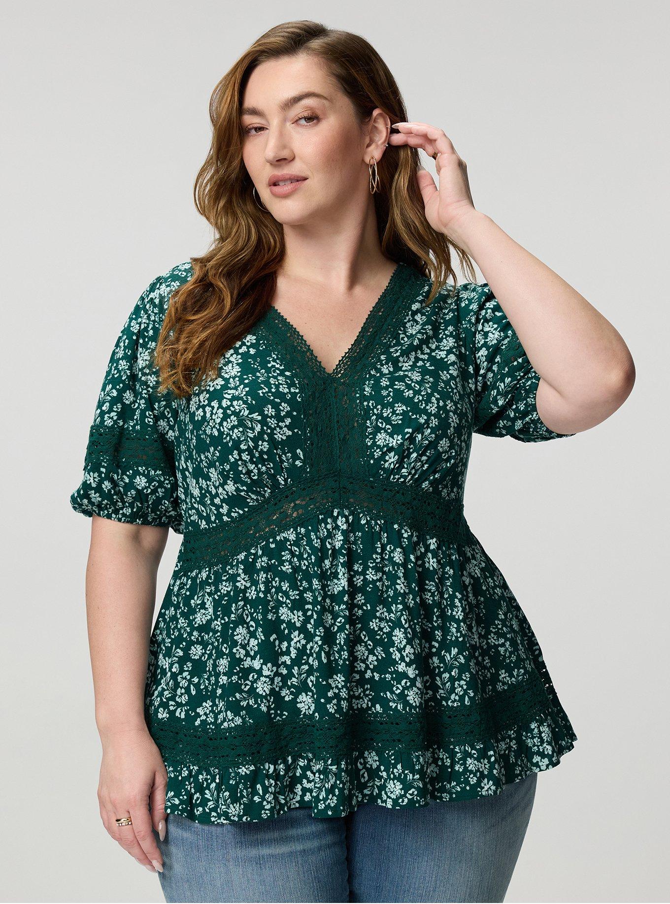 V-Neck Babydoll with Trim Detail, POSIES FLORAL GREEN, hi-res