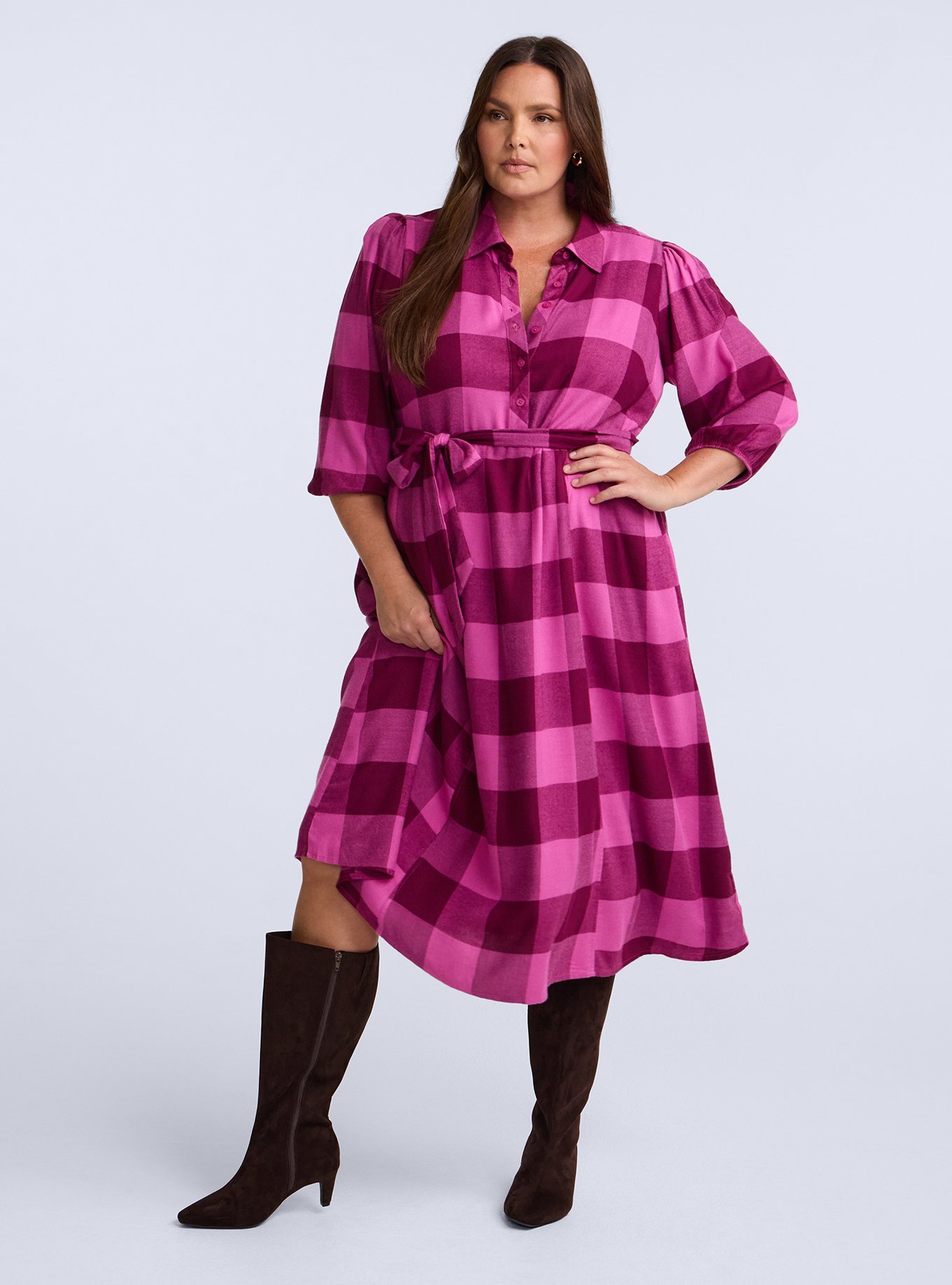 Belle Isle Flannel Popover Maxi Dress, MOD BUFFALO PLAID PINK, hi-res