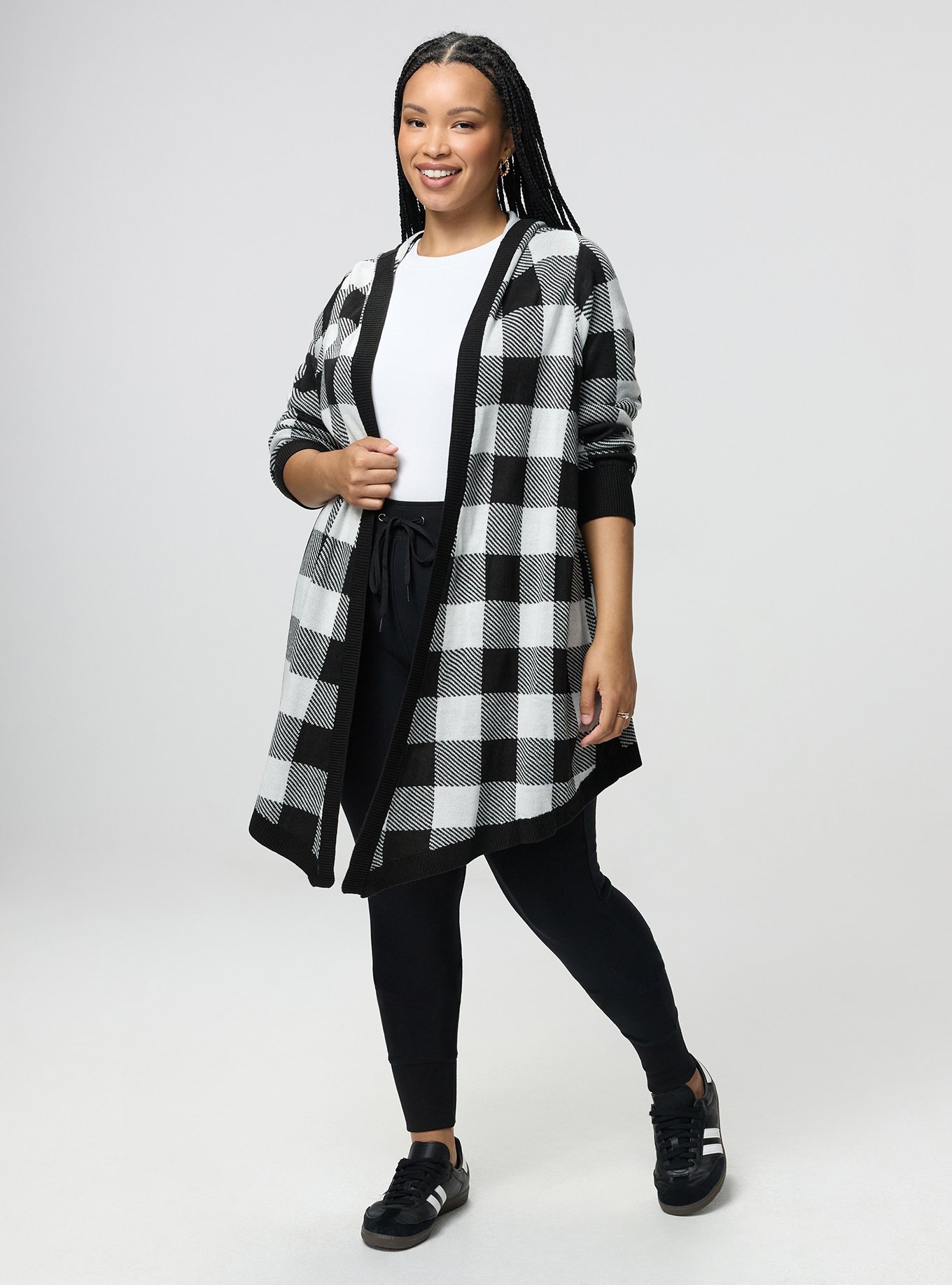 Jacquard Open Front Cardigan, BUFFALO PLAID IVORY, alternate
